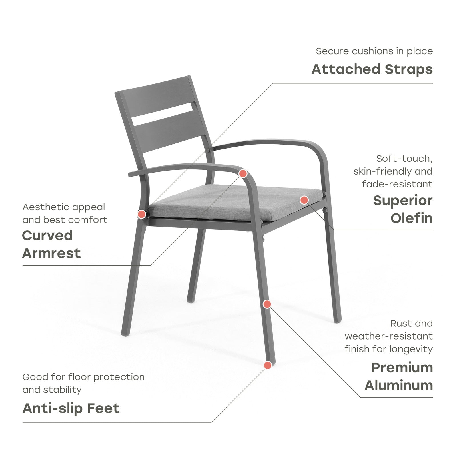 Salina Dark grey aluminum dining chair, grey cushion, product info, Jardina Furniture#color_Dark Grey