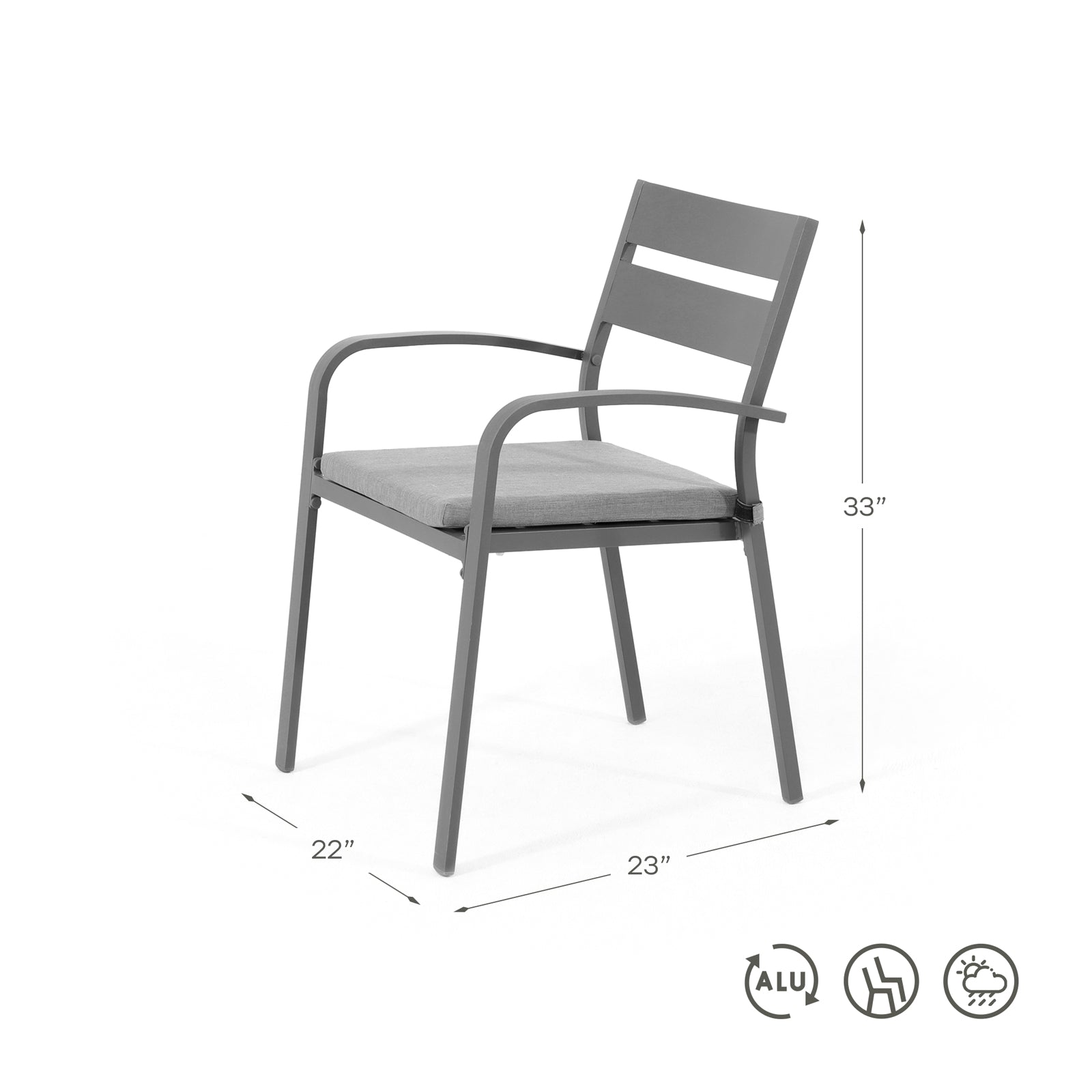 #color_Dark GreySalina Dark grey aluminum dining chair, grey cushion, dimension info,Jardina Furniture#color_Dark Grey