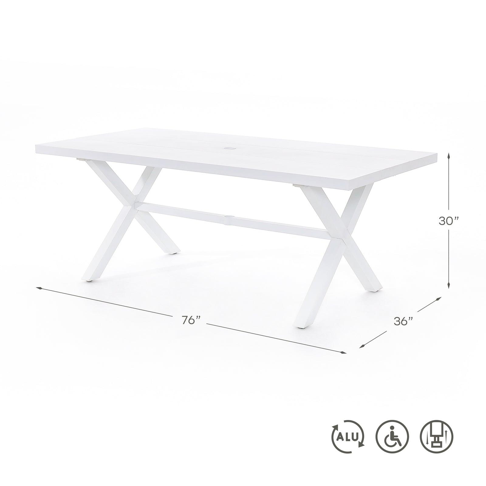 Salina white X-shaped dining table with aluminum frame dimension- Jardina Furniture#color_White