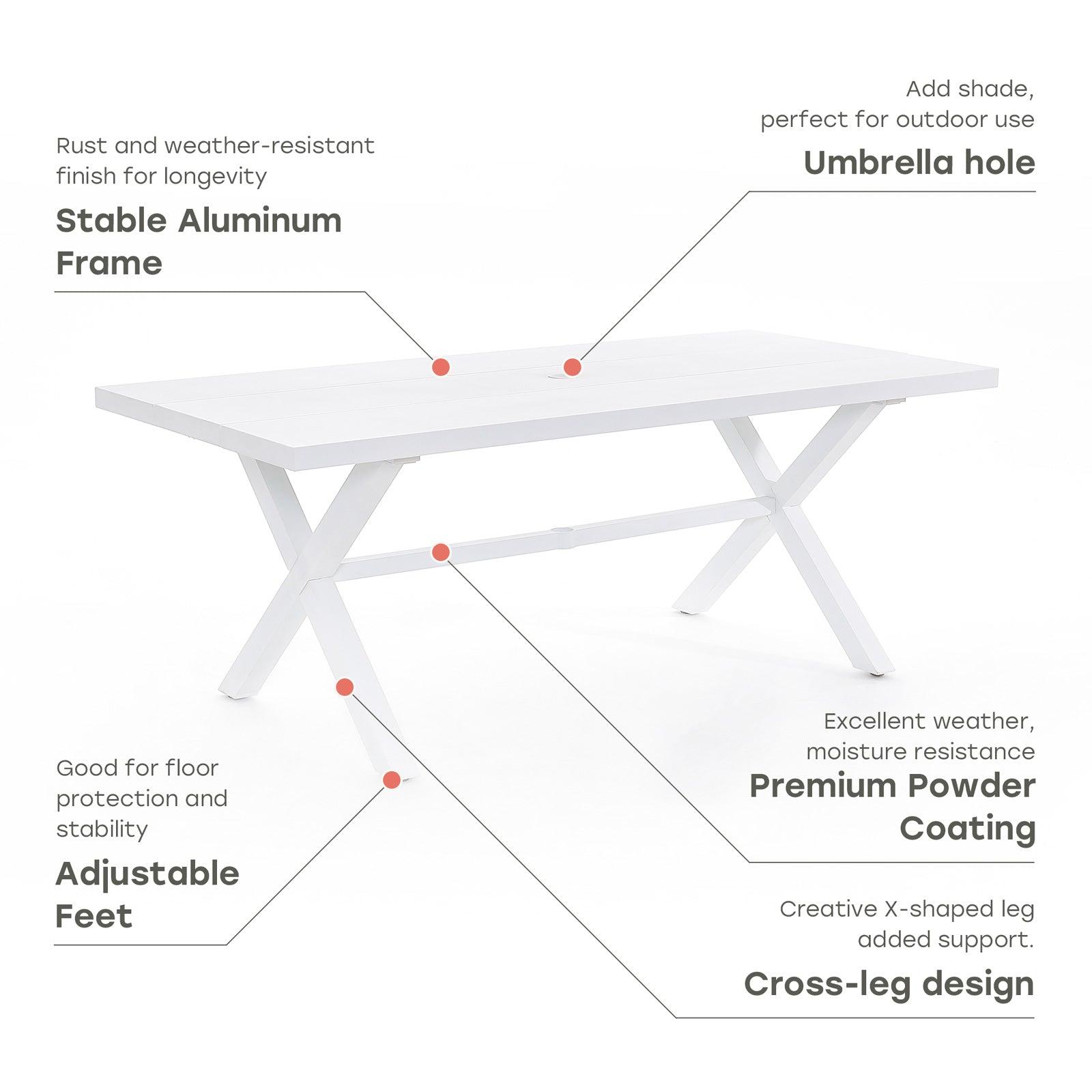 Salina white X-shaped dining table with aluminum frame dimension- Jardina Furniture #color_White