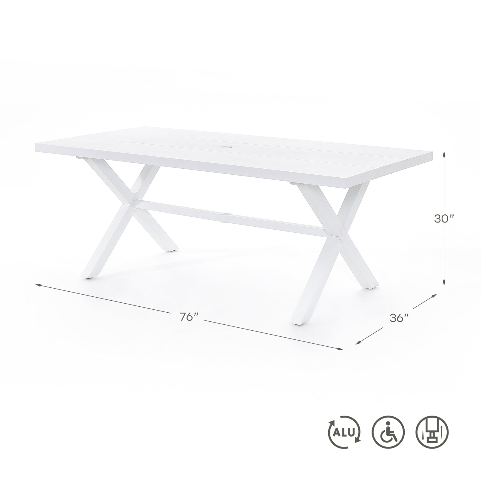 Salina white outdoor Metal Dining table, X-Design Table, dimension info Jardina Furniture#color_White