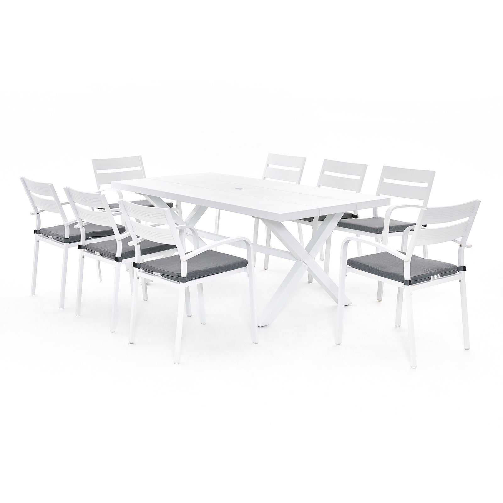 Salina Modern Aluminum Outdoor Furniture, White Aluminum Frame Outdoor Dining Set for 8, 8 dining chairs with cushions and X-Shaped Legs Design Dining Table#color_White