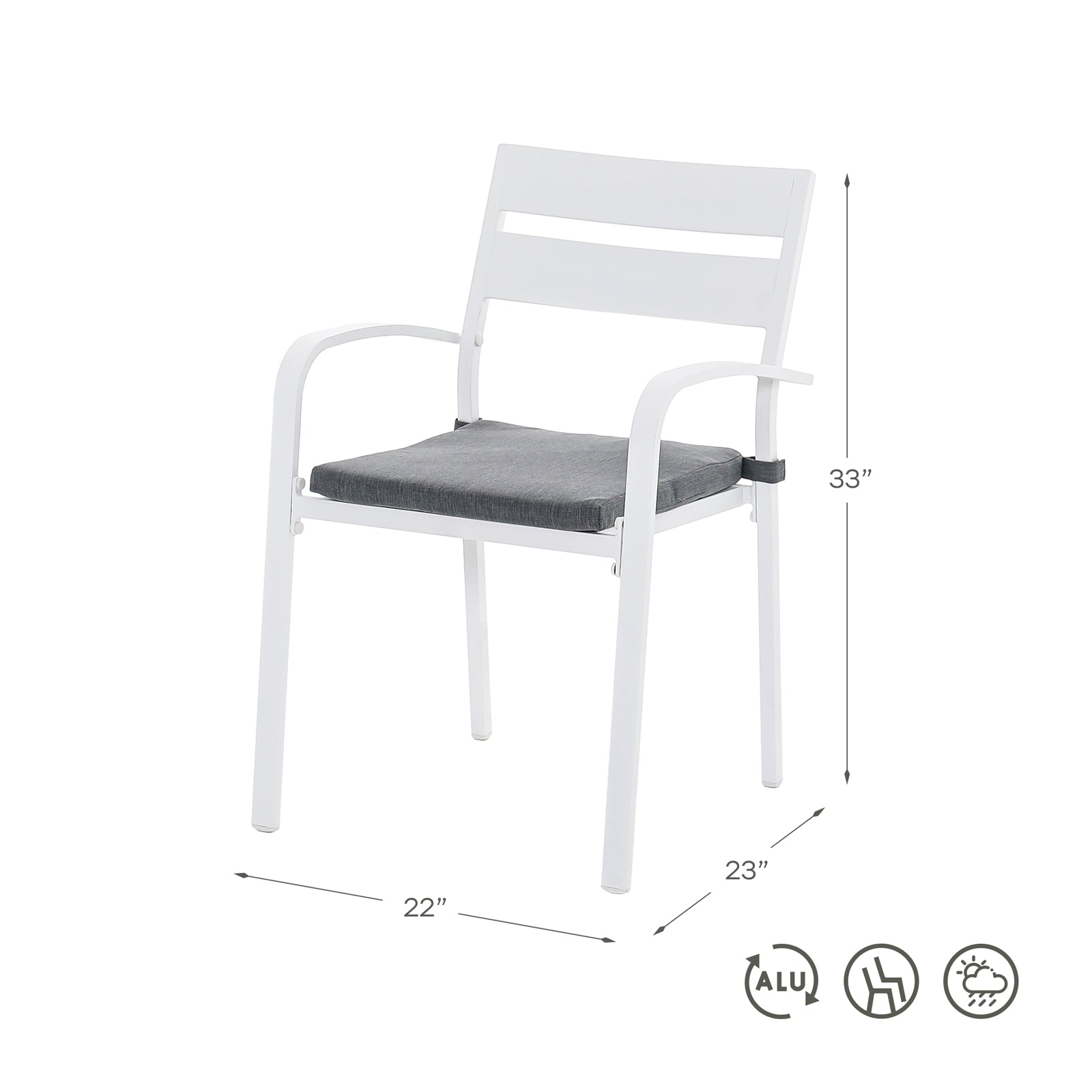 Salina aluminum dining chair, grey cushion-Jardina Furniture#color_White