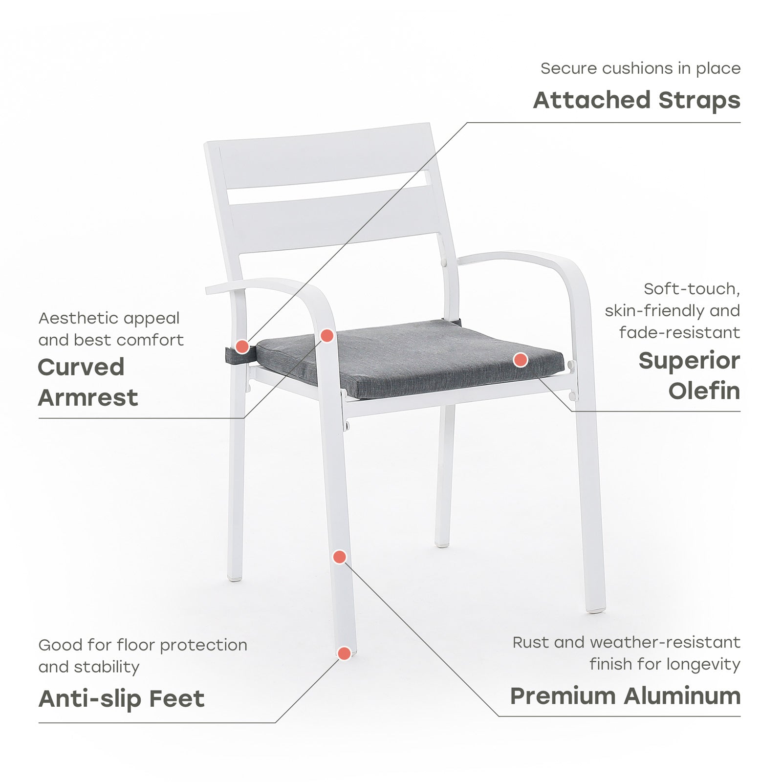 Salina aluminum dining chair, grey cushion-Jardina Furniture#color_White