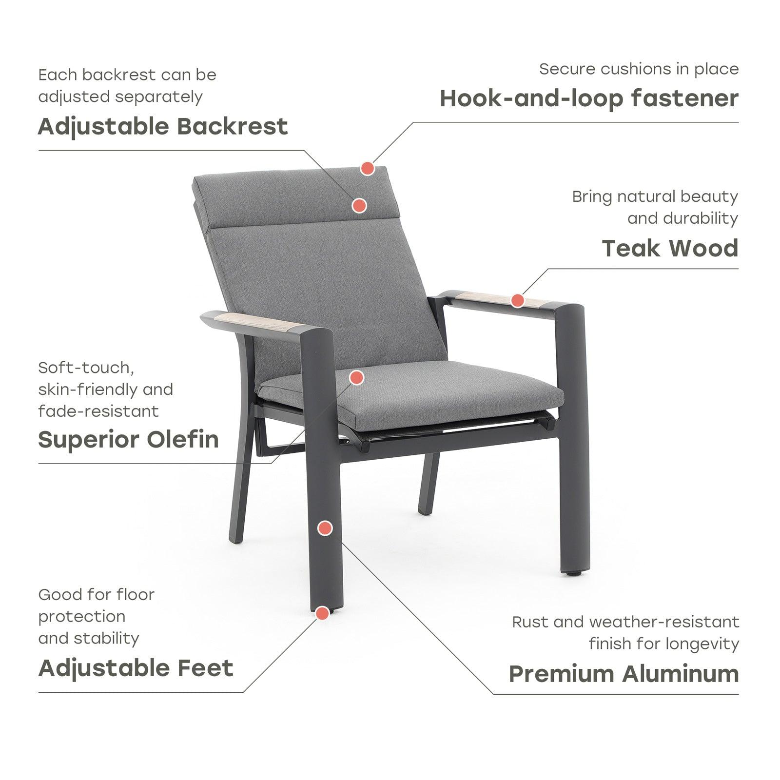 Capri 5-Piece Grey Aluminum Adjustable Backrest Sofa Set