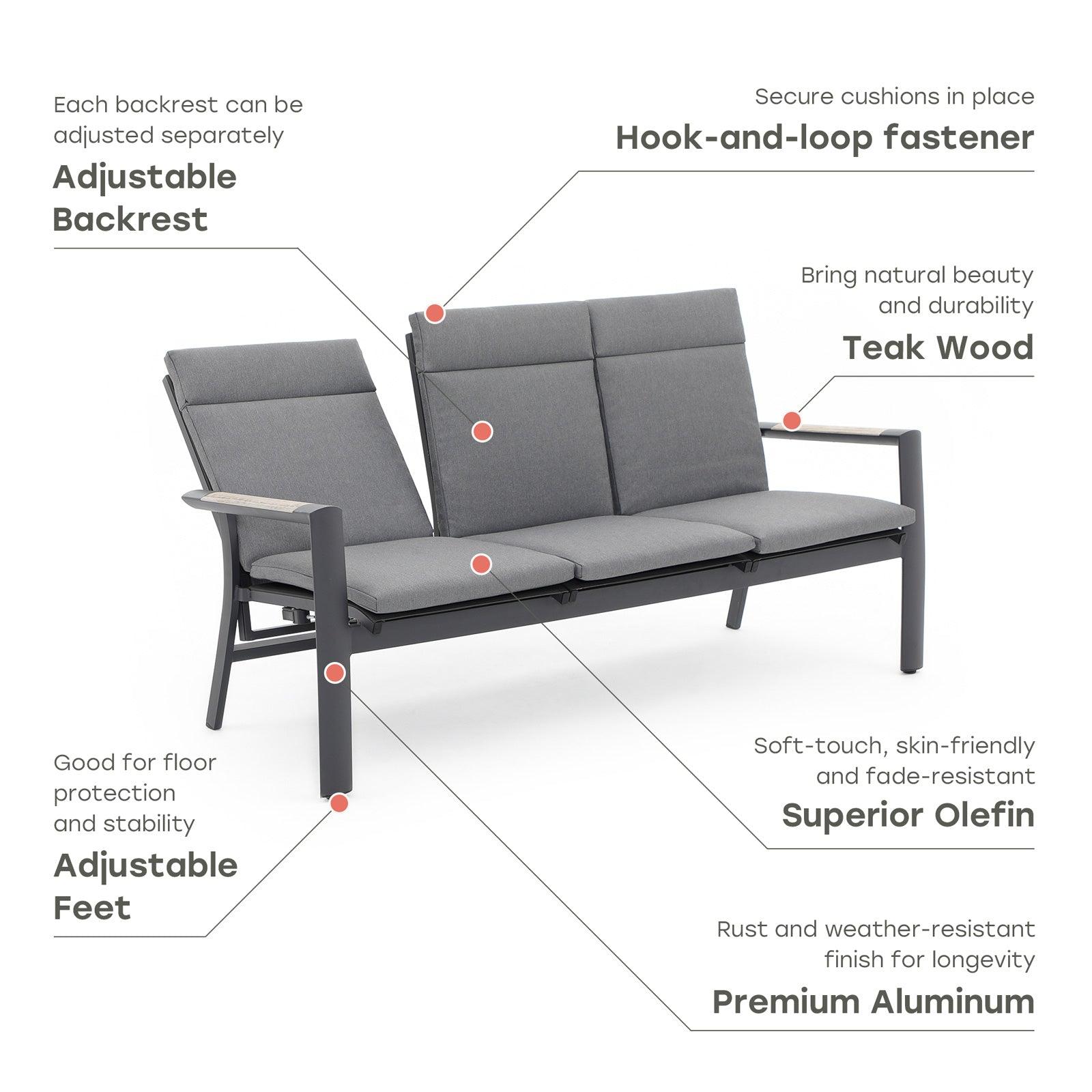 Capri 5-Piece Grey Aluminum Adjustable Backrest Sofa Set