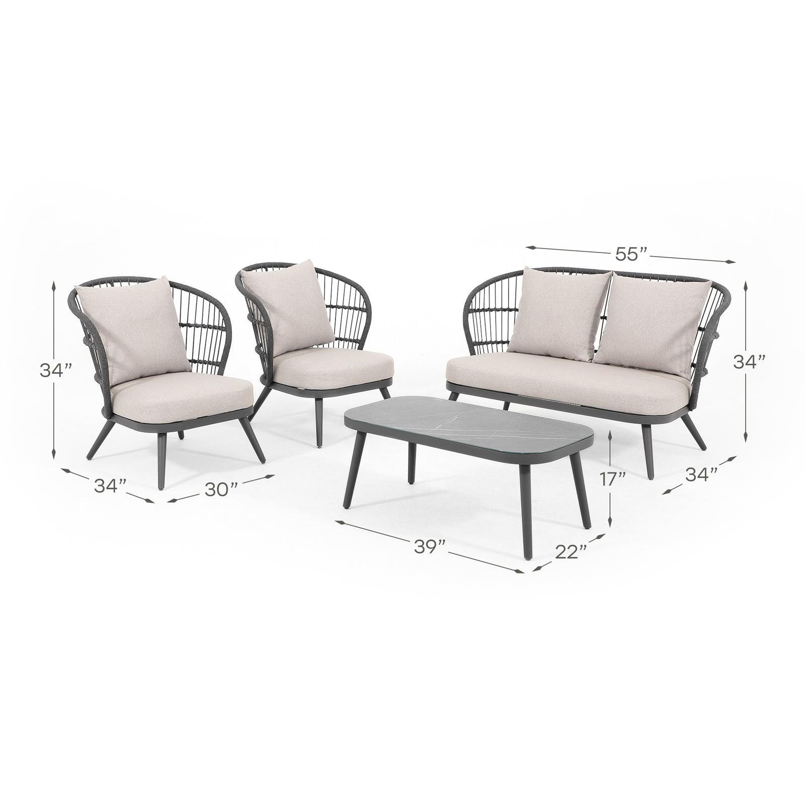 Comino 4-Piece dark grey aluminum Sofa Set with backrest rope design and light grey cushions, including a loveseat, 2 armchairs, 1 coffee table, dimension information - Jardina Furniture