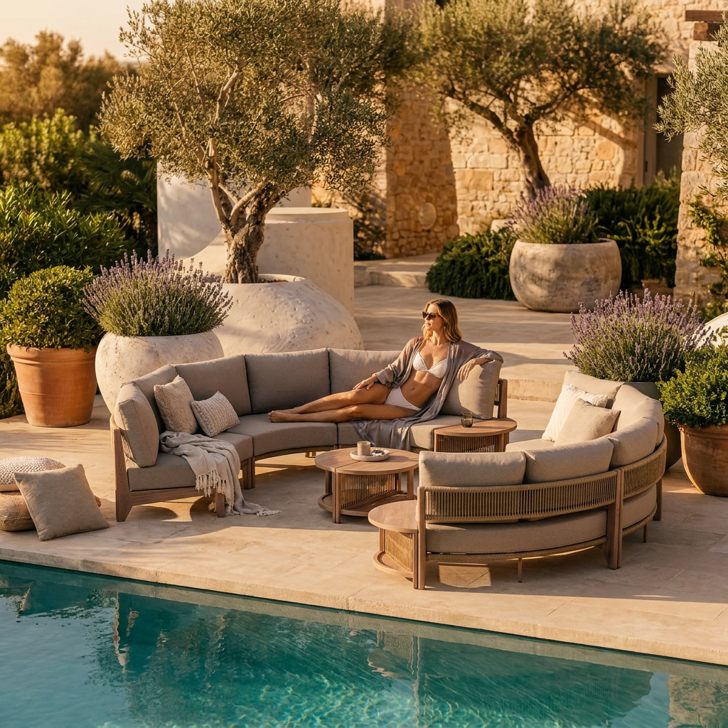 A woman relaxes on a curved outdoor sectional lounge sofa beside a swimming pool- Jardina outdoor modern premium patio furniture