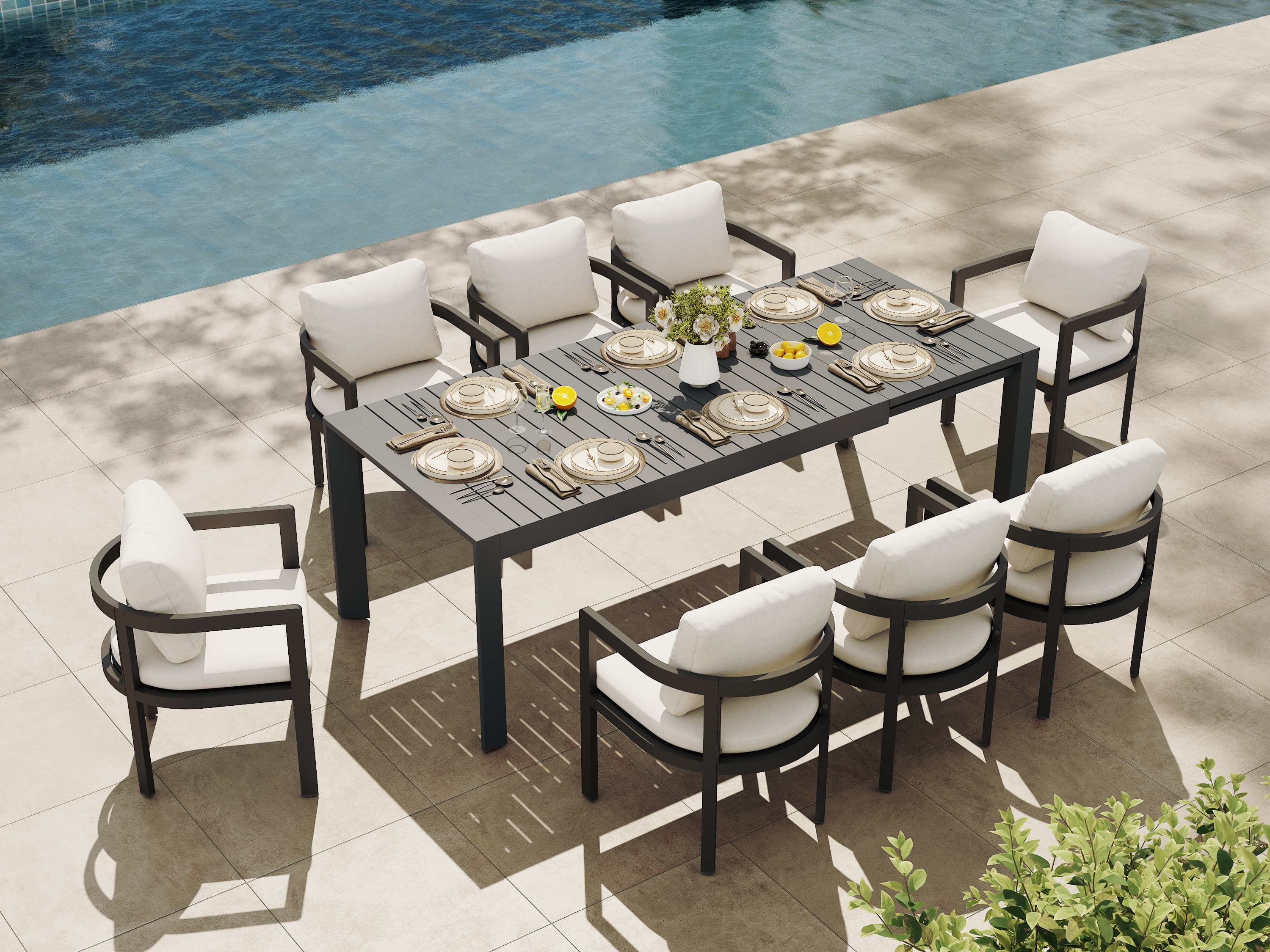 Sova Outdoor Aluminum Dining Set for 6-10 People, Charcoal Frame, Extendable Table