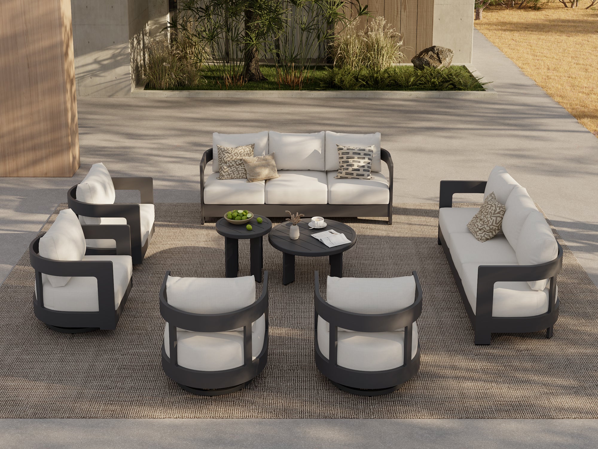Sova Modern Charcoal Aluminum Outdoor Conversation Set with Swivel Chairs, White Sunbrella® Cushions