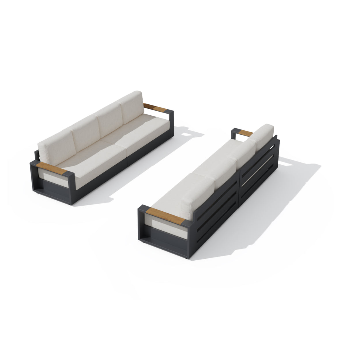 A modern outdoor sofa set consisting of a three-seat sofa and a matching chaise lounge, both with dark charcoal gray frames and light beige cushions, accented with light brown wood armrests, shown on a white background. #config_8‑Seat Straight Bundle