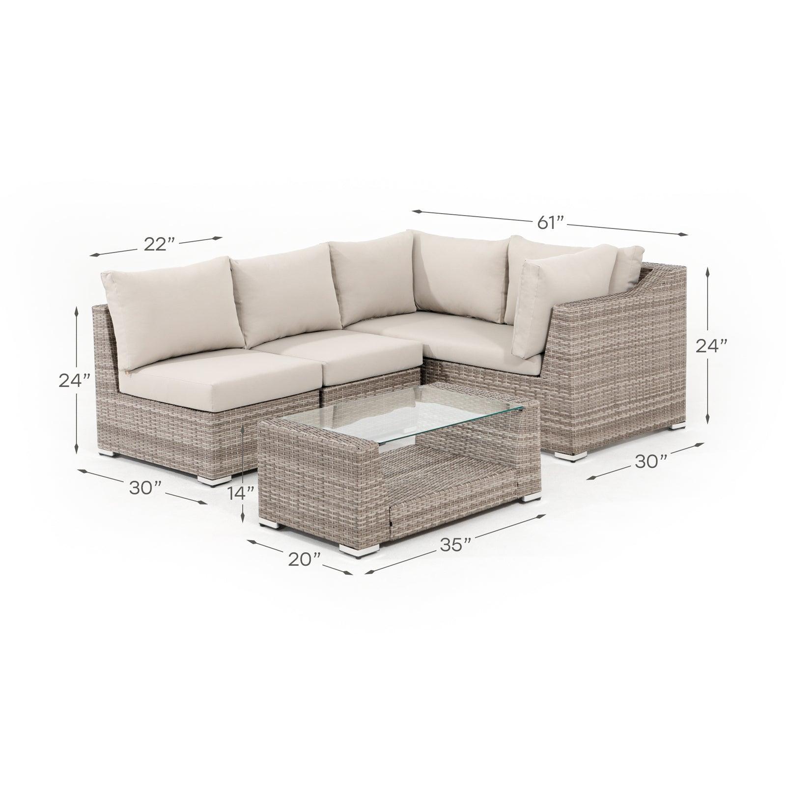Elba Grey Rattan Outdoor Sectional Sofa Set with grey cushions, 1 two-seater sofa, 2 single armless sofas, 1 rectangular coffee table with glass tabletop, dimension information - Jardina Furniture