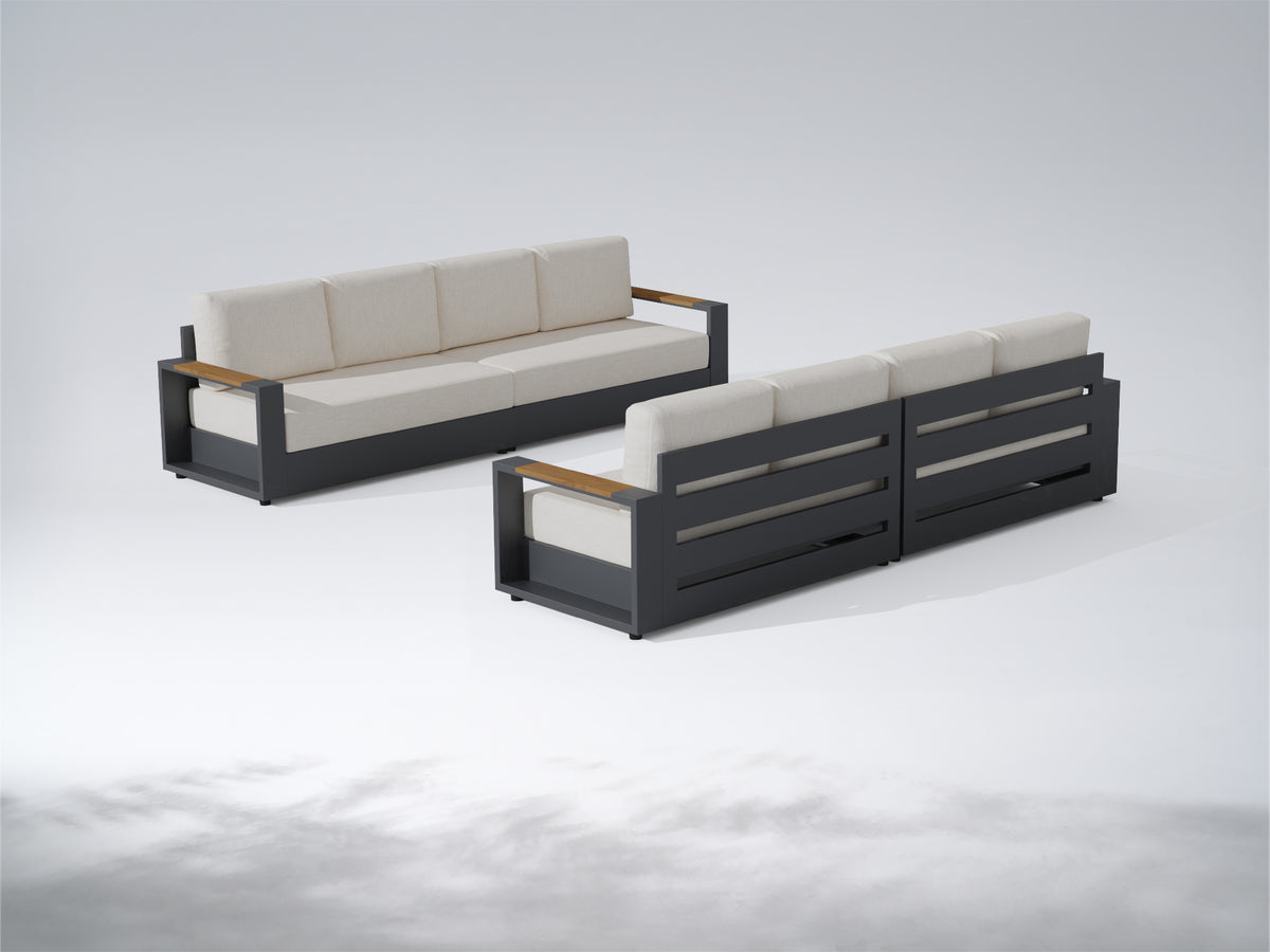 A modern outdoor sofa set consisting of a three-seat sofa and a matching chaise lounge, featuring dark charcoal gray frames with light beige cushions and natural wood arm accents, set against a light gray studio background. #config_8‑Seat Straight Bundle