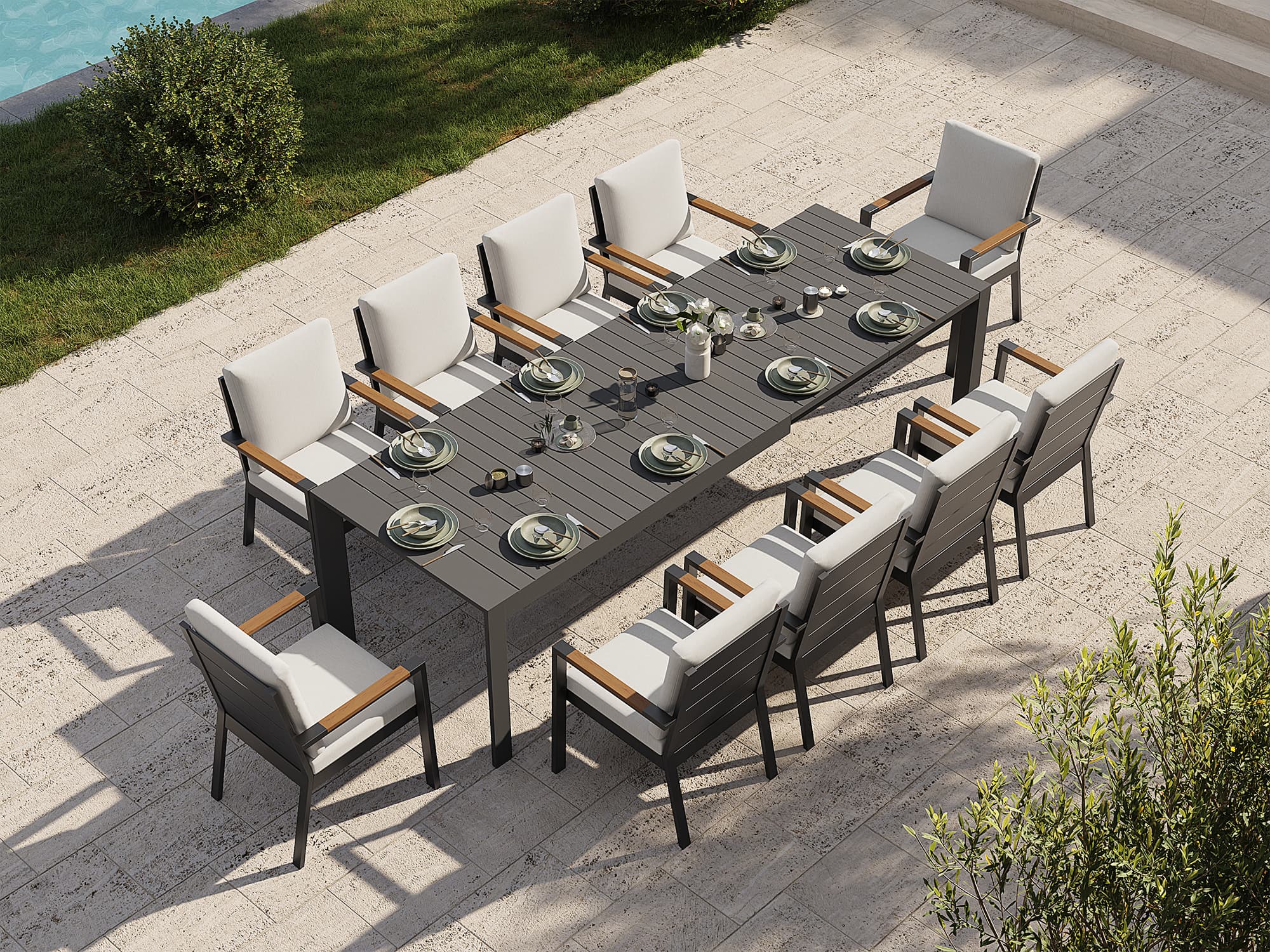Addison Outdoor Aluminum Dining Set, Dark Grey, Extendable Design, 65"-112"