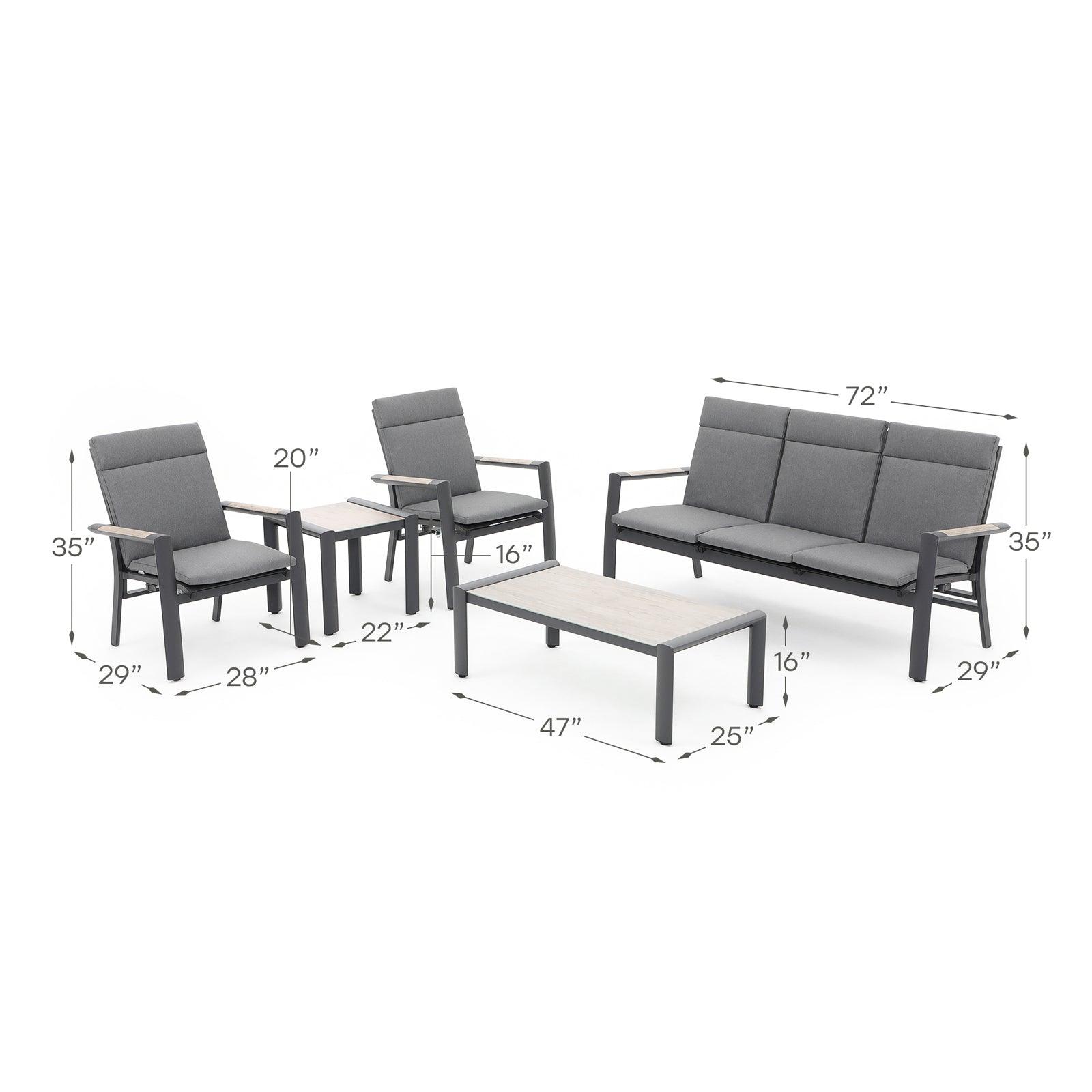 Capri 5-Piece grey aluminum outdoor conversation set with grey cushions, 1 three-seater sofa with adjustable backrest, 2 armchairs with adjustable backrest, 1 rectangle coffee table, 1 square side table, dimension information - Jardina Furnitur
