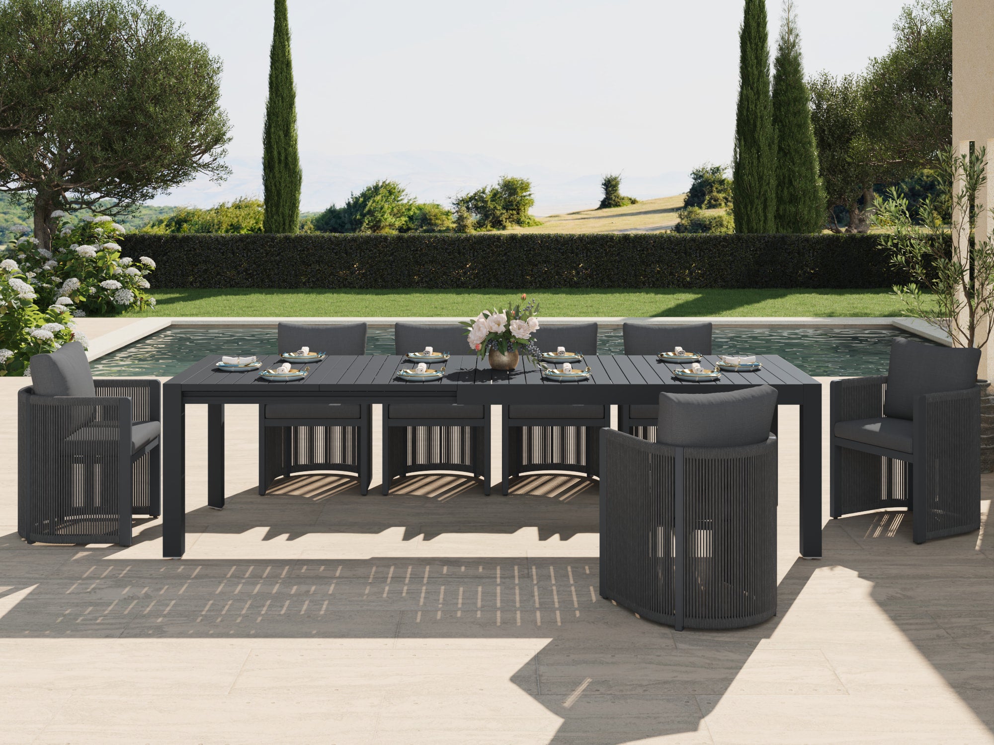 Irati Aluminum Outdoor Dining Set for 6-10 Seats, Dark Grey, Rope Design, Extendable Table