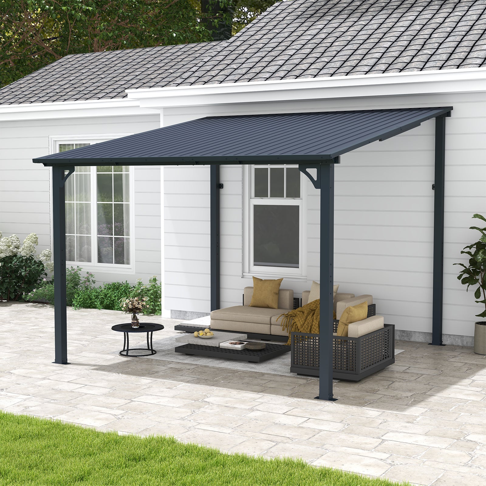 Wall-Mounted Hardtop Gazebo with Metal Awning & Drainage-Multiple Sizes (Dark Grey)