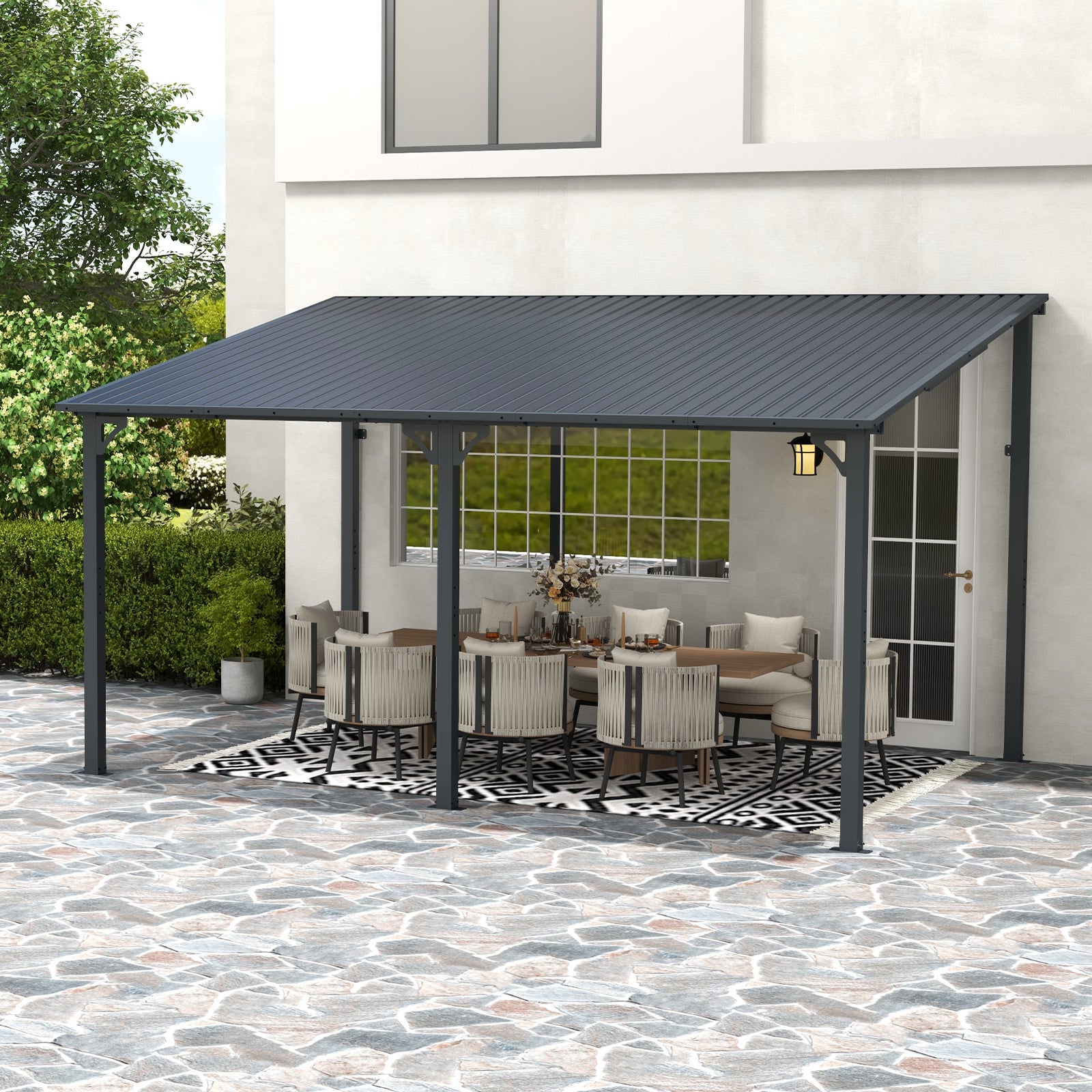 Wall-Mounted Hardtop Gazebo with Metal Awning & Drainage-Multiple Sizes (Dark Grey)