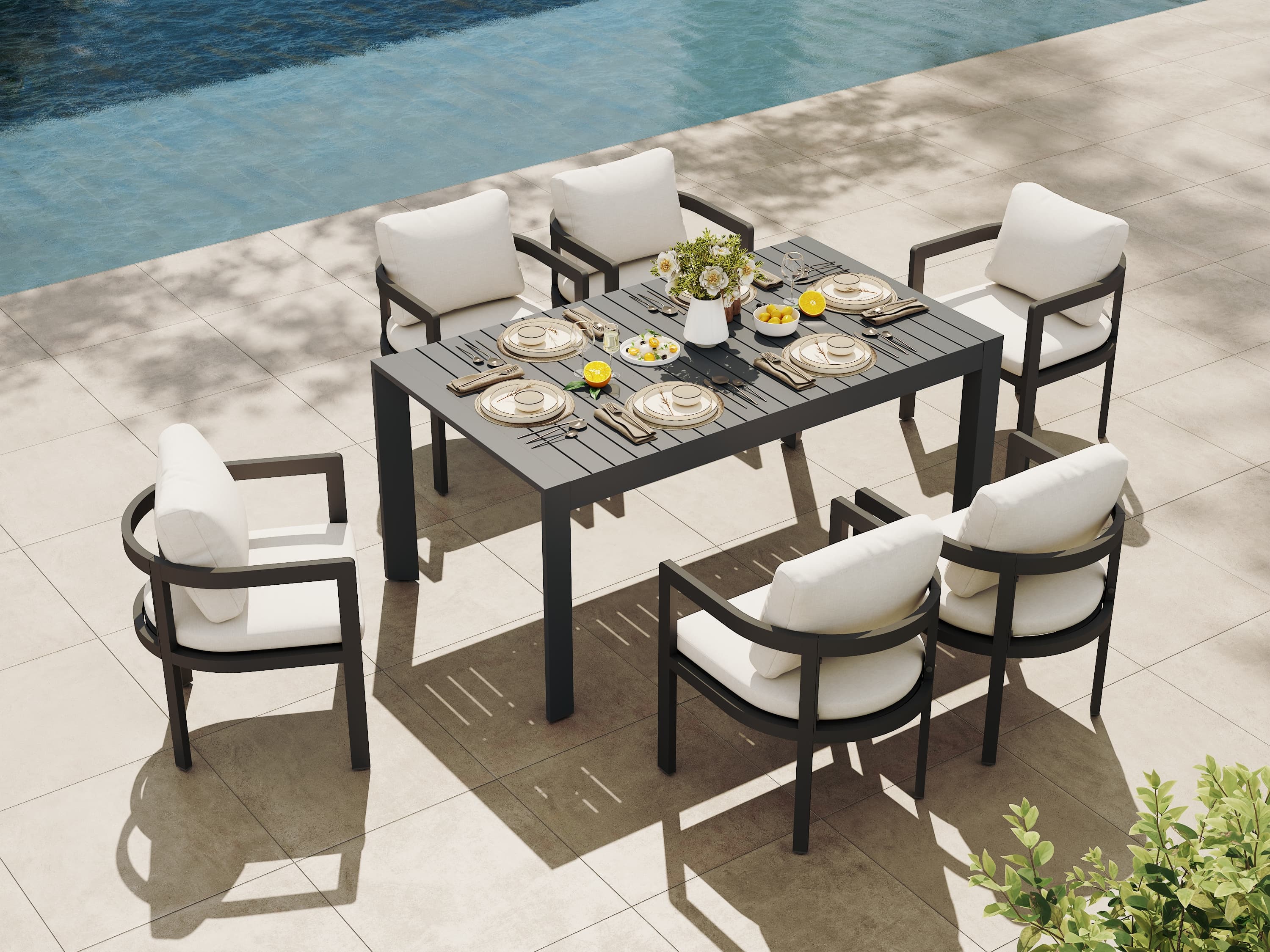 Sova Outdoor Aluminum Dining Set for 6-10 People, Charcoal Frame, Extendable Table