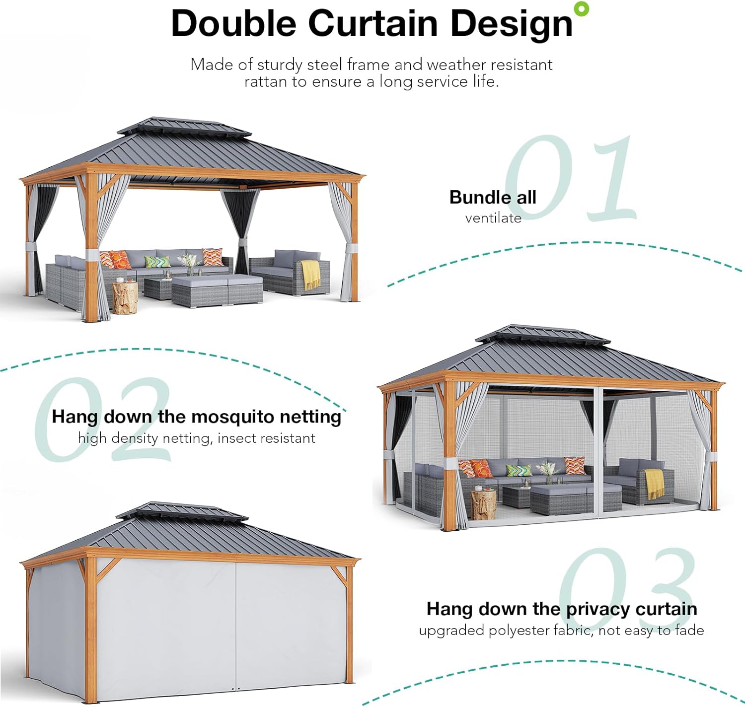 12*16 FT Double Roof Hardtop Gazebo Aluminum Frame, Wood Grain Frame