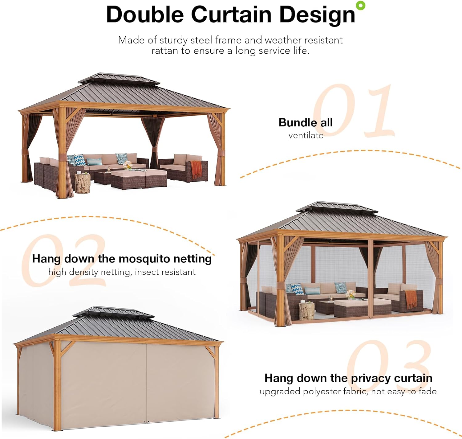 12*16 FT Double Roof Hardtop Gazebo Aluminum Frame, Wood Grain Frame