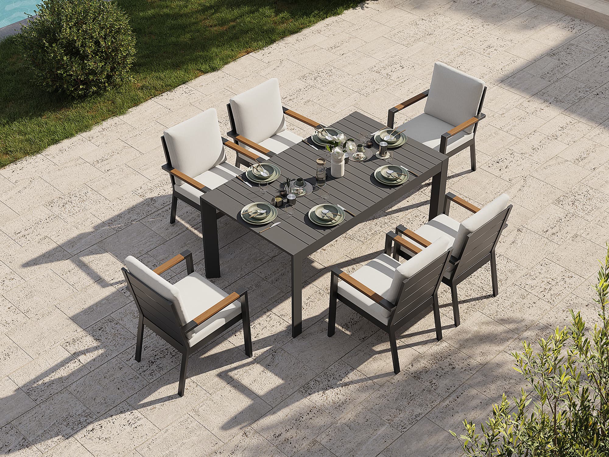 Addison Outdoor Aluminum Dining Set, Dark Grey, Extendable Design, 65"-112"