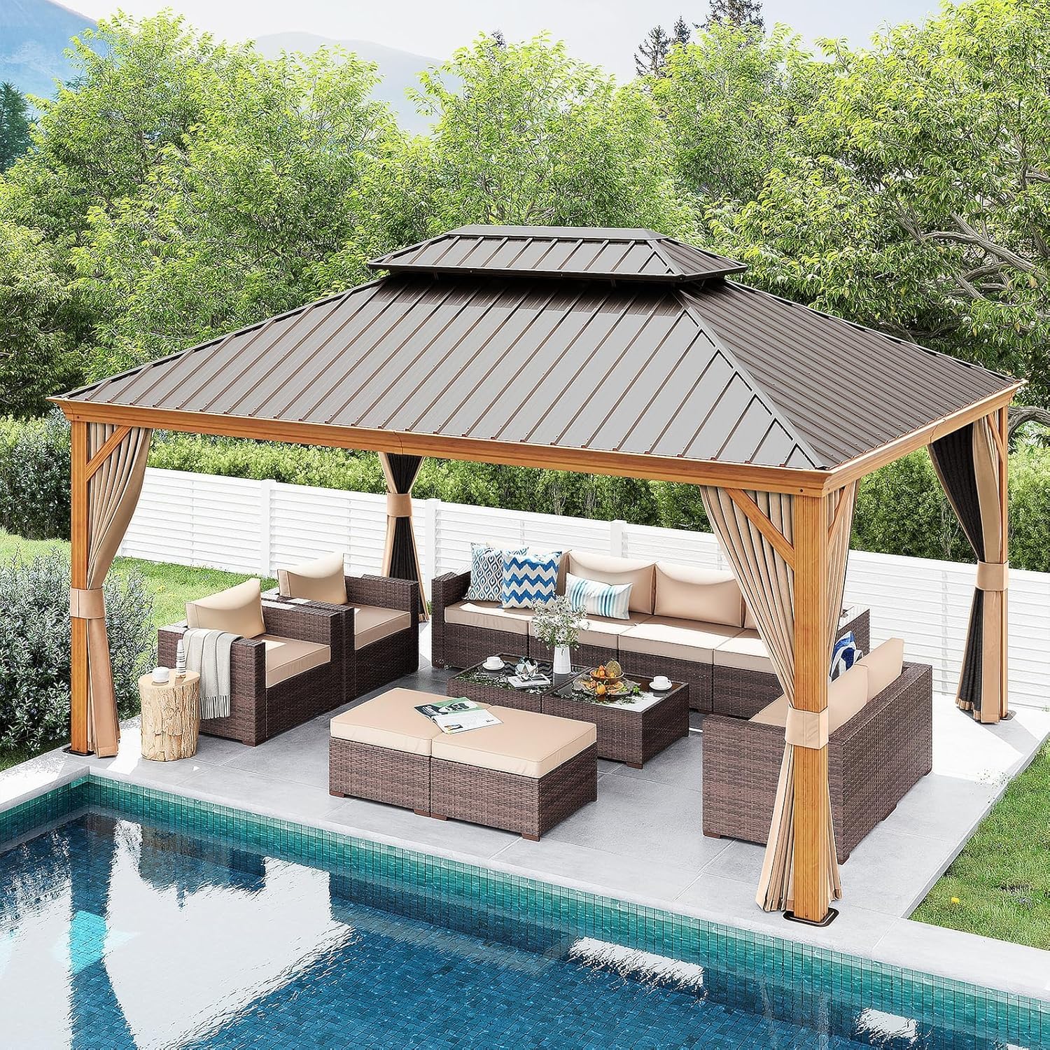 12*16 FT Double Roof Hardtop Gazebo Aluminum Frame, Wood Grain Frame