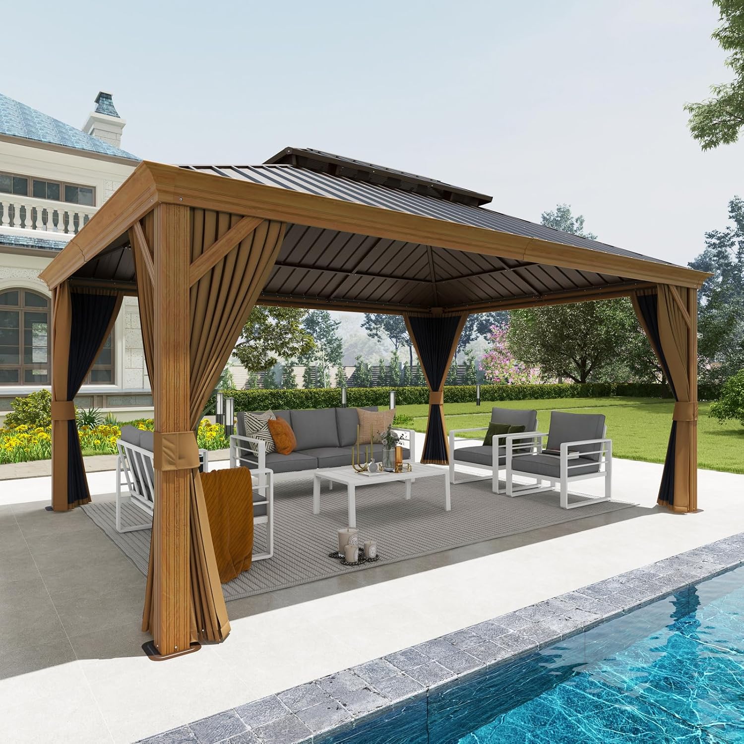 12*16 FT Double Roof Hardtop Gazebo Aluminum Frame, Wood Grain Frame, with curtains - Jardina Premium Modern Outdoor Patio Furniture