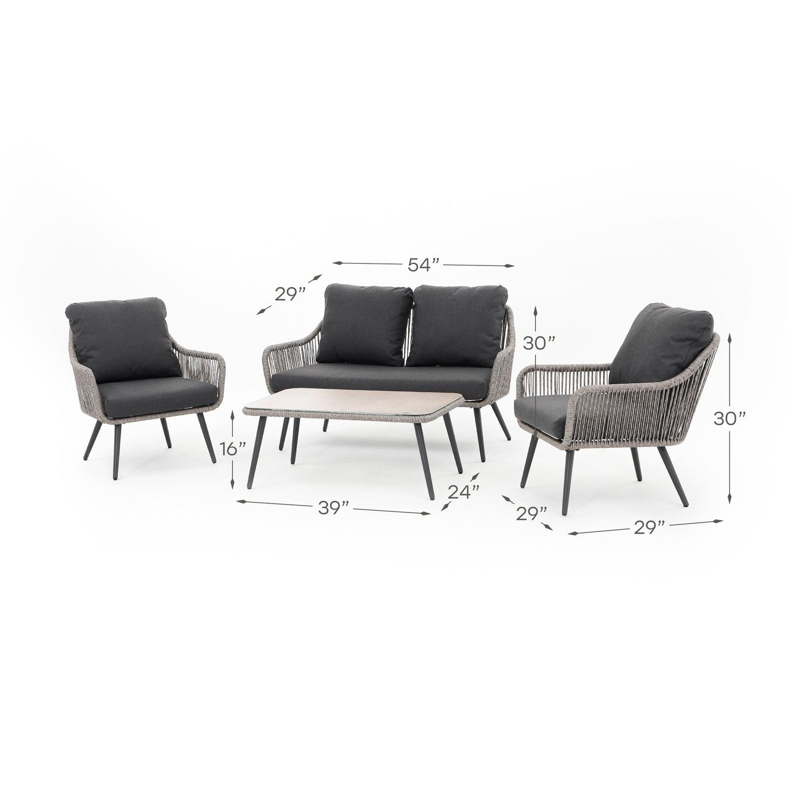 Hallerbos 4-Piece outdoor sofa set with dark grey cushions, steel frame and grey twisted rattan design, 2 armchairs, 1 loveseat, 1 rectangle coffee table, dimension information - Jardina Furniture #Color_Grey