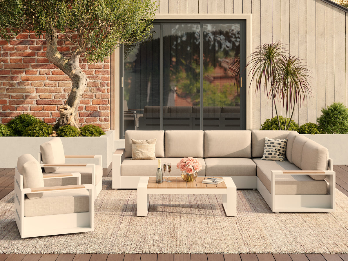 Addison Aluminum Outdoor Modular Sectional Sofa, L‑Shaped & U‑Shaped Multiple Layouts, Oyster White