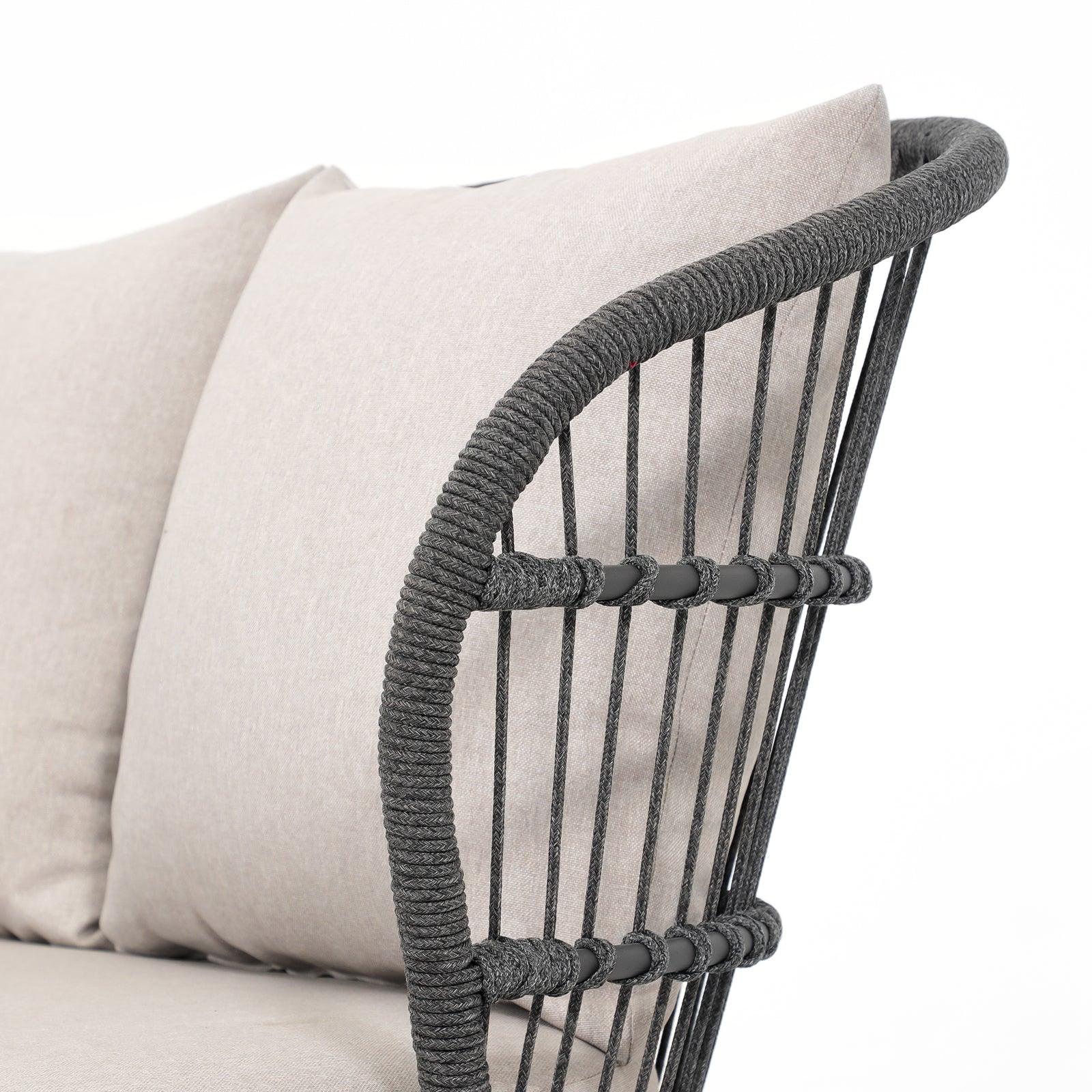 Comino dark grey chair rope and light grey cushion details, armrest details- Jardina Furniture