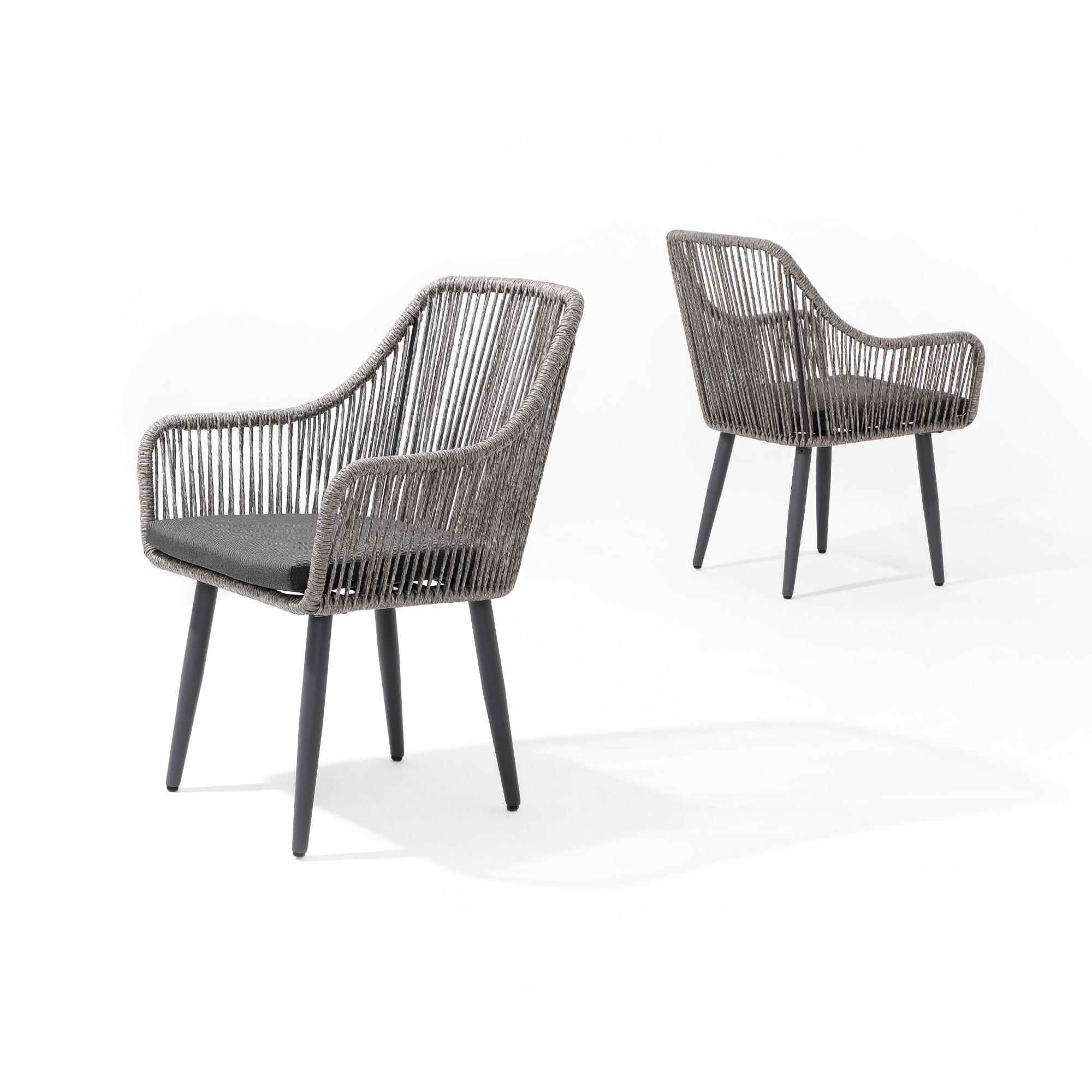 Hallerbos Modern Wicker Outdoor Chairs, 2 grey rattan Dining Chairs with steel frame and grey cushion, two different angles- Jardina Furniture#Color_Grey