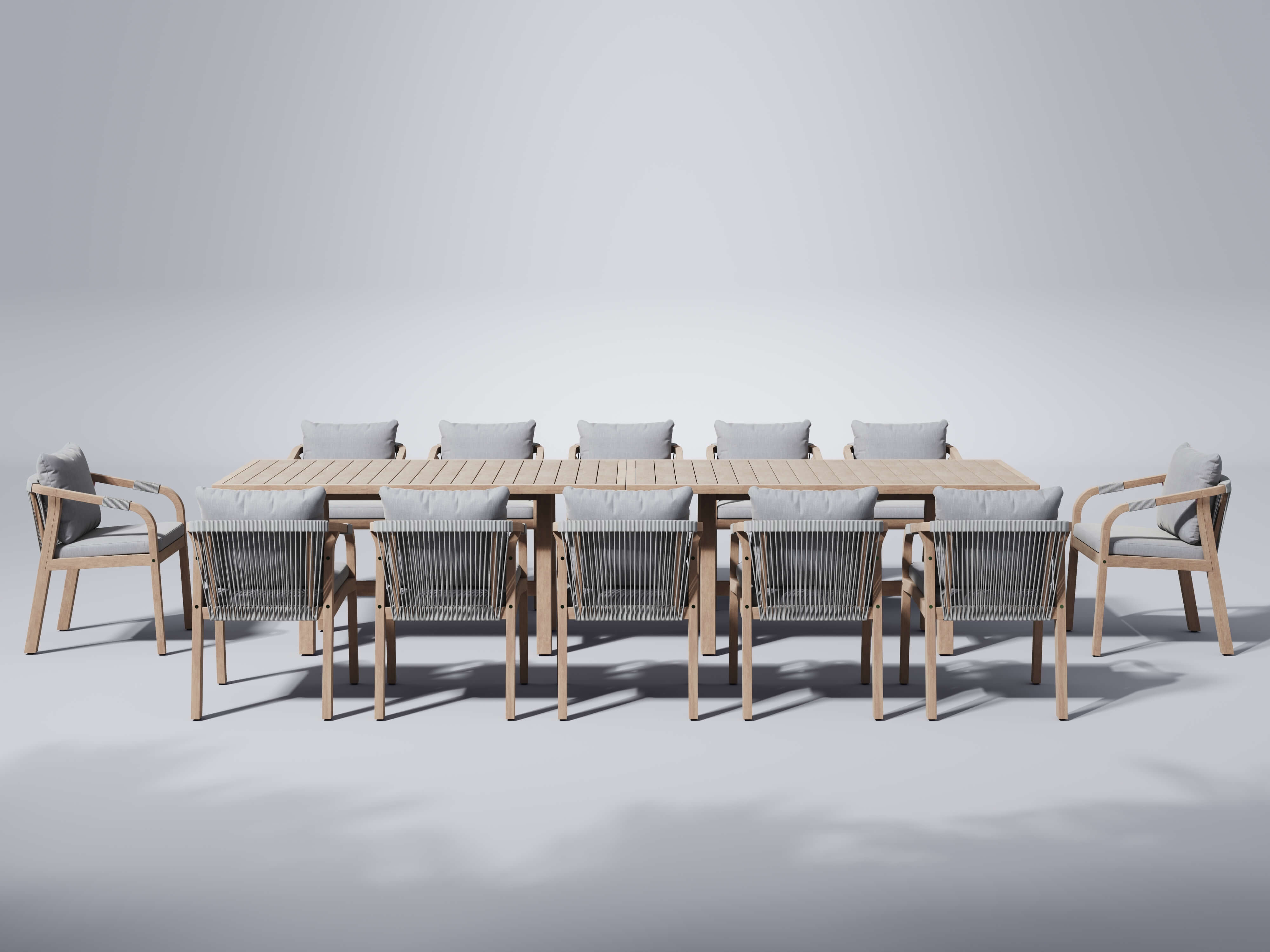 Thalea Rectangular Wooden Outdoor Dining Set with Light Grey Cushions, 12 Seats