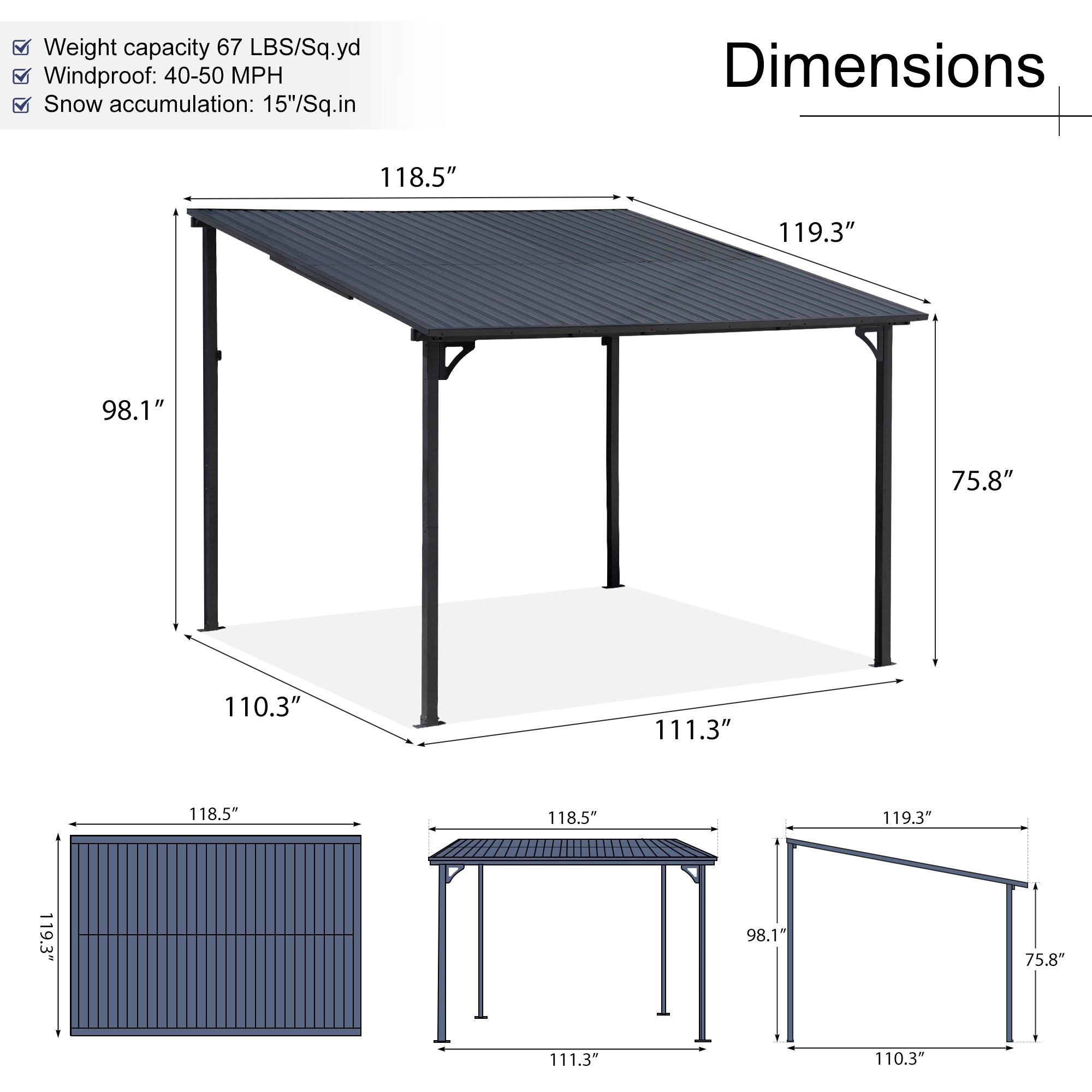 Wall-Mounted Hardtop Gazebo with Metal Awning & Drainage-Multiple Sizes (Dark Grey)