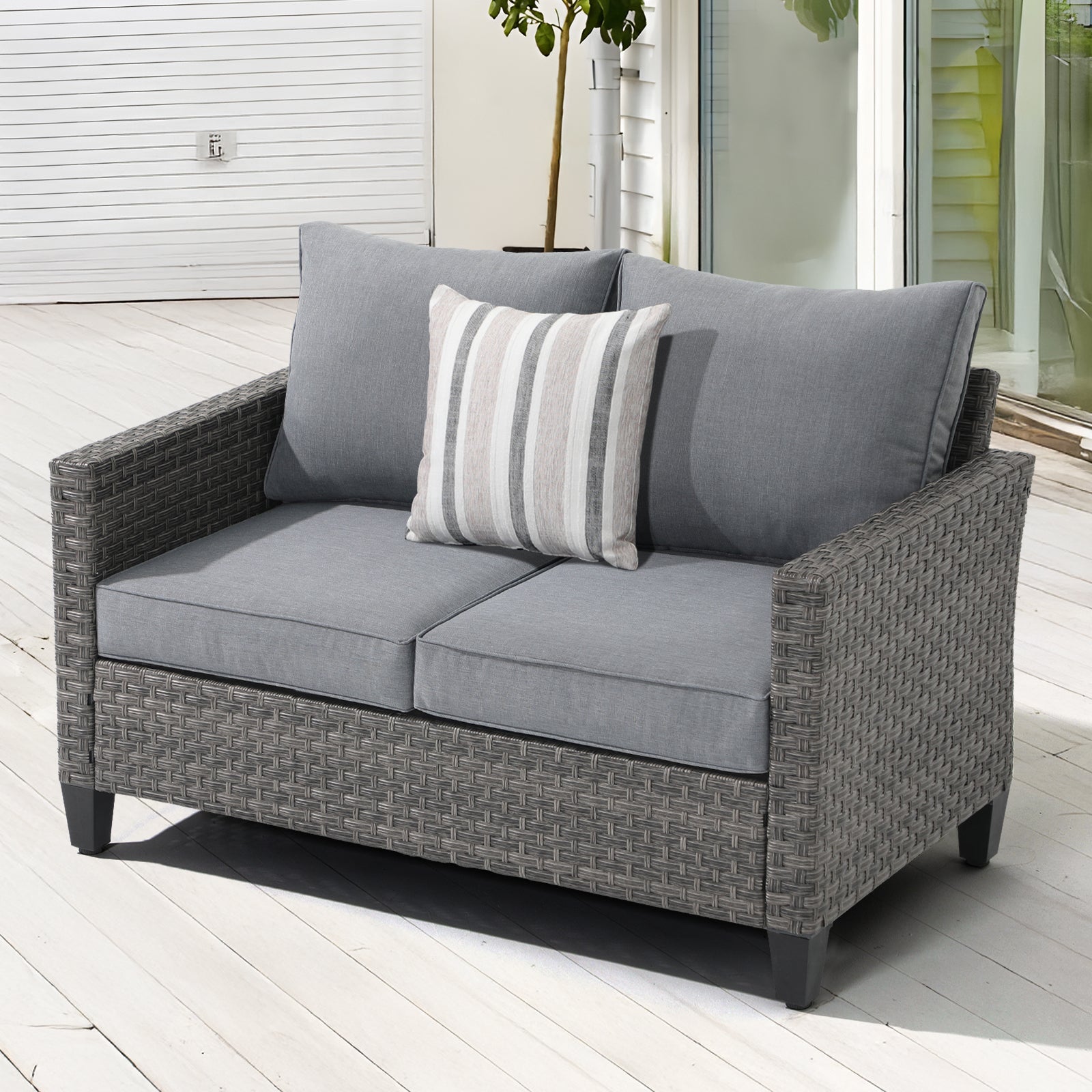 Ayia Hand-Woven Wicker Outdoor Loveseat with Cushions