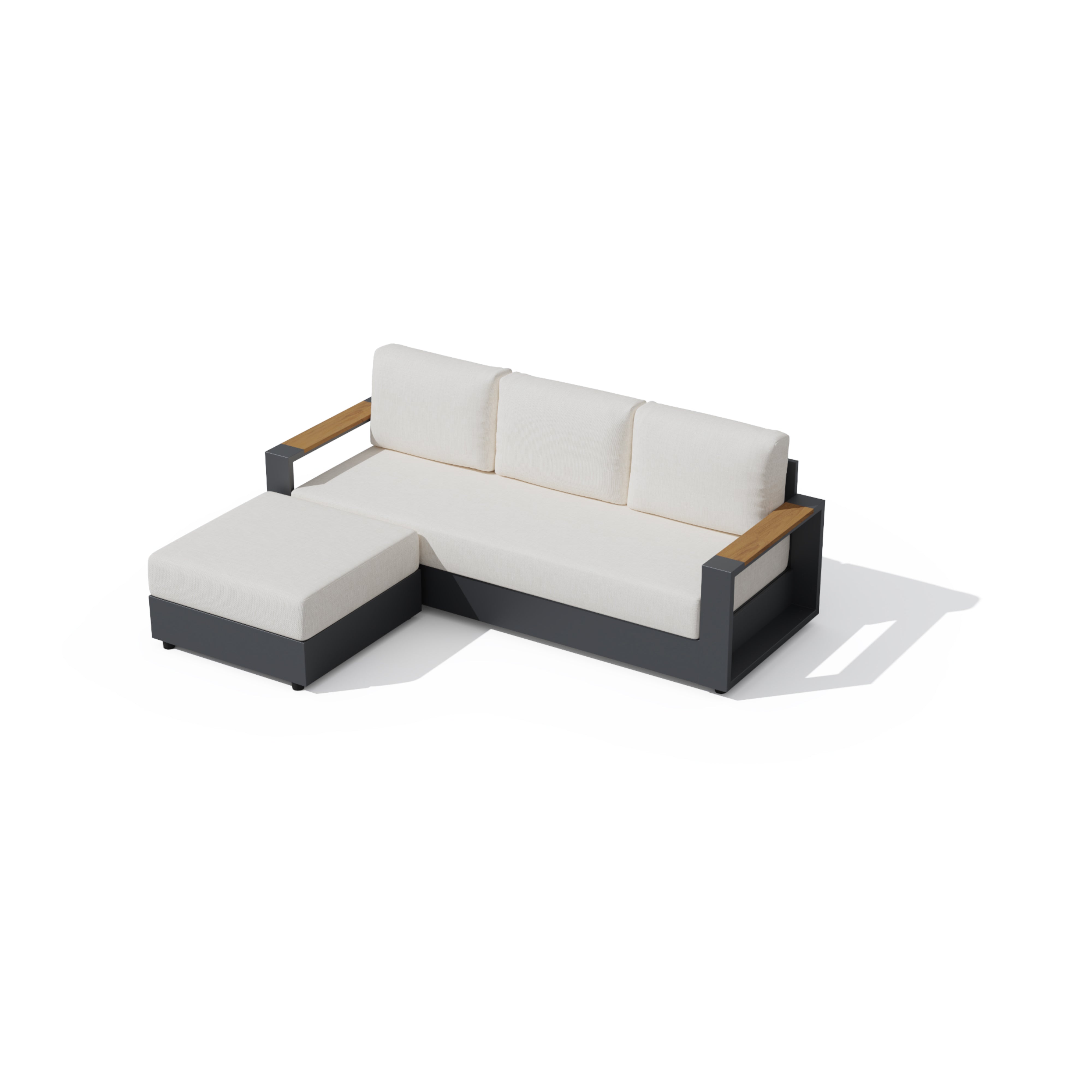 An outdoor sectional sofa with a left-facing chaise ottoman, featuring off-white cushions, a dark gray frame, and light brown wood armrests, shown on a white background with a soft shadow. #config_3-Seat Chaise