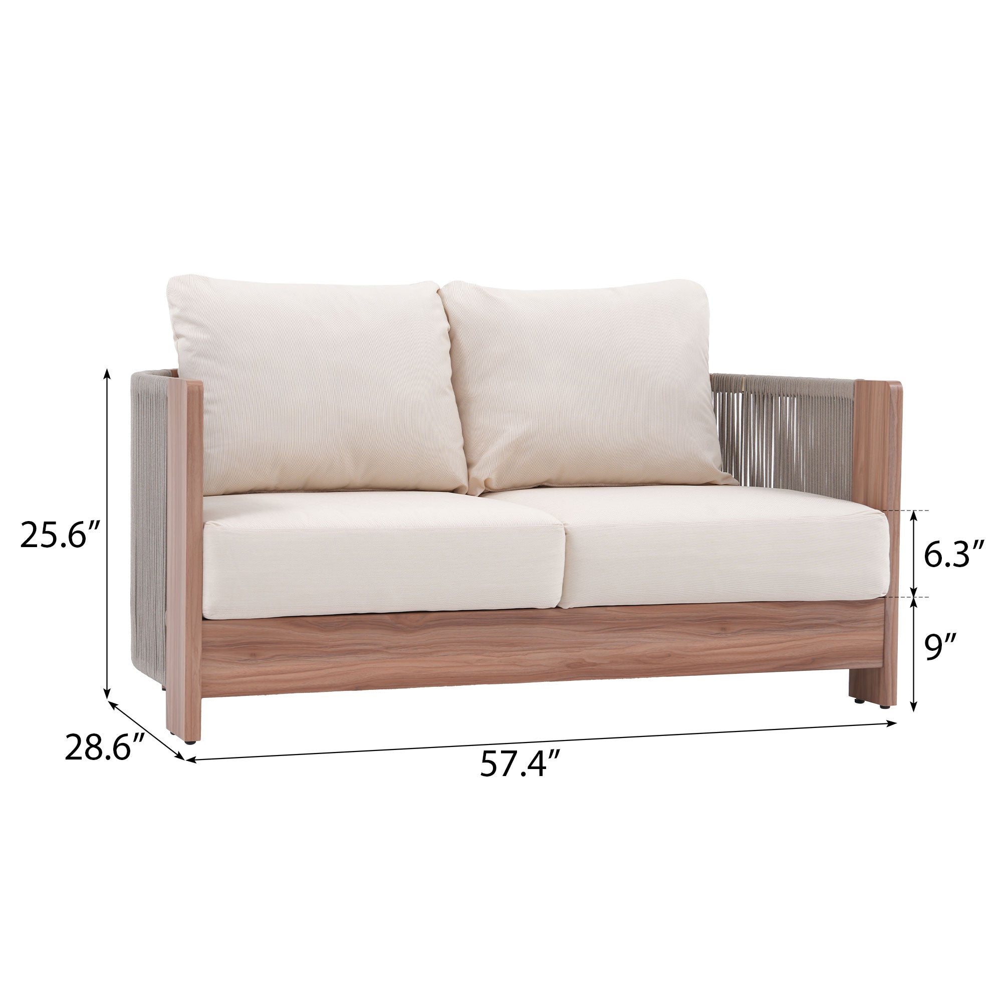 Irati Outdoor Loveseat, Rope Woven Design, Aluminum Frame, Thick Comfort Cushions