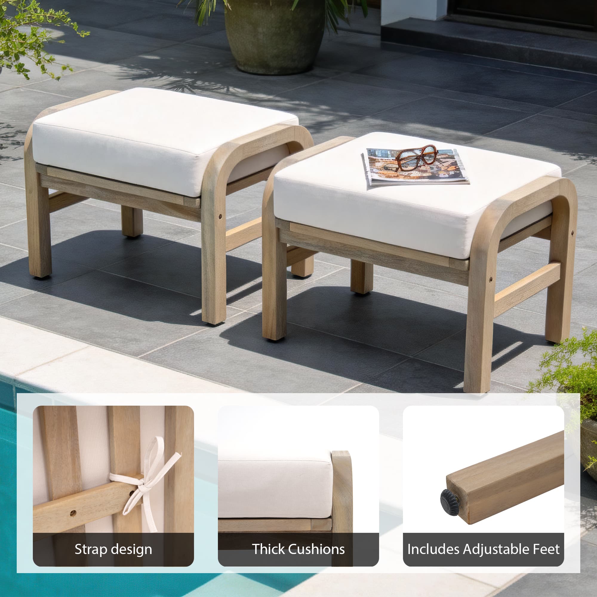 Thalea Textured Wooden Outdoor Ottomans and Footstools