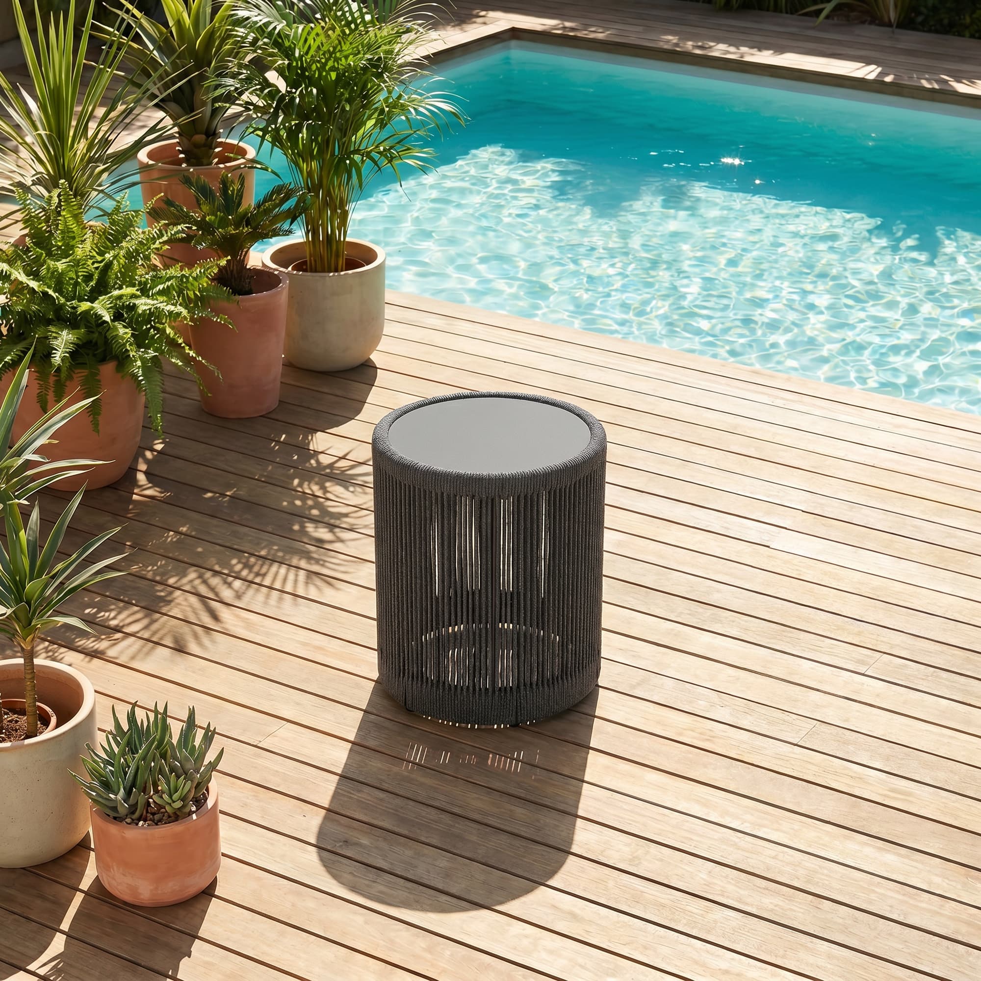 Irati Aluminum Rope Outdoor Side Table, Weather-Resistant Patio End Table, Dark Grey - Jardina Modern Premium Outdoor Patio Furniture