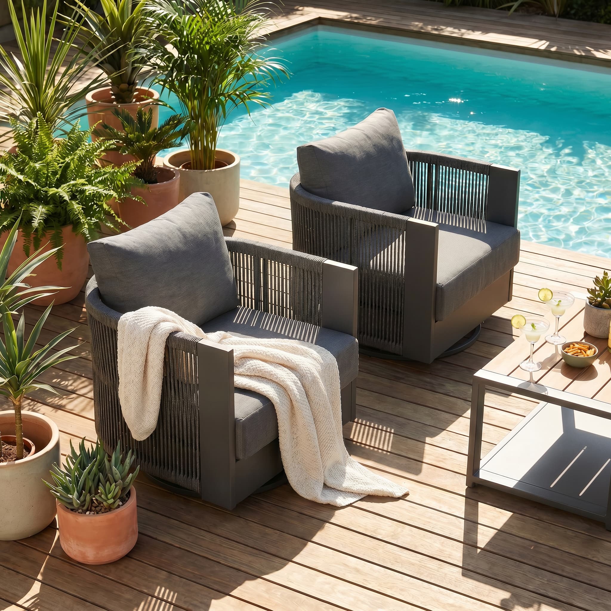 Irati Aluminum and Rope Swivel Club Chair, Dark Grey, 360° Swivel, Thick Cushion - Jardina Modern Premium Outdoor Patio Furniture