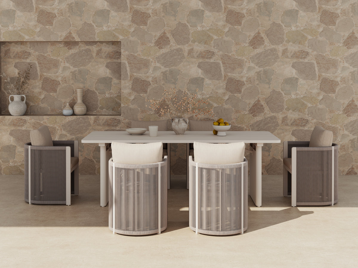 Irati Aluminum Outdoor Dining Set for 6-8 Seats, Oyster White, Rope Design, 86.6" Table