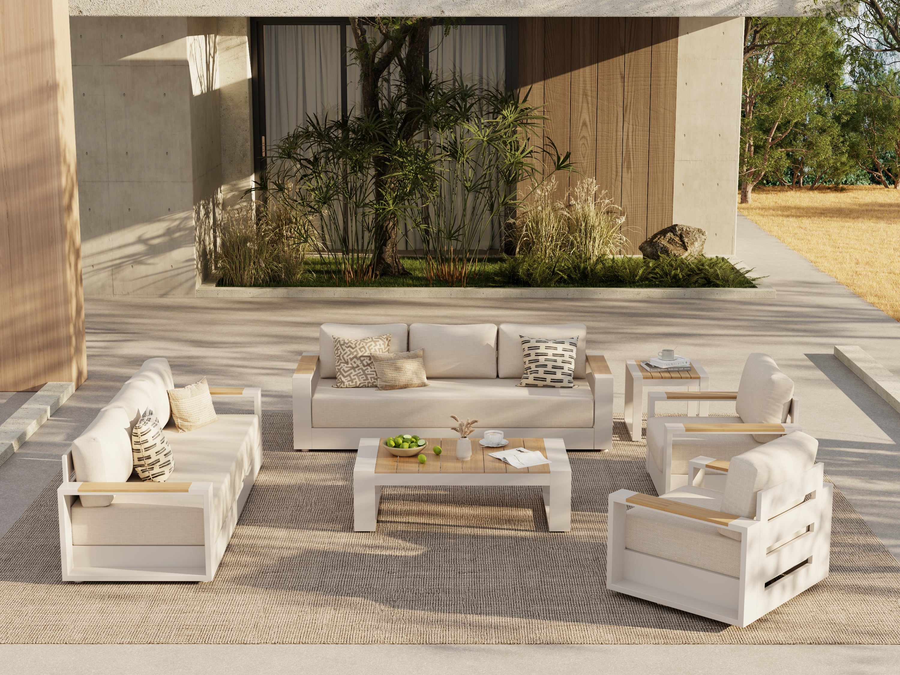 Addison Modern Metal Outdoor Sofa Set, Oyster White Aluminum Frame, Swivel Chairs