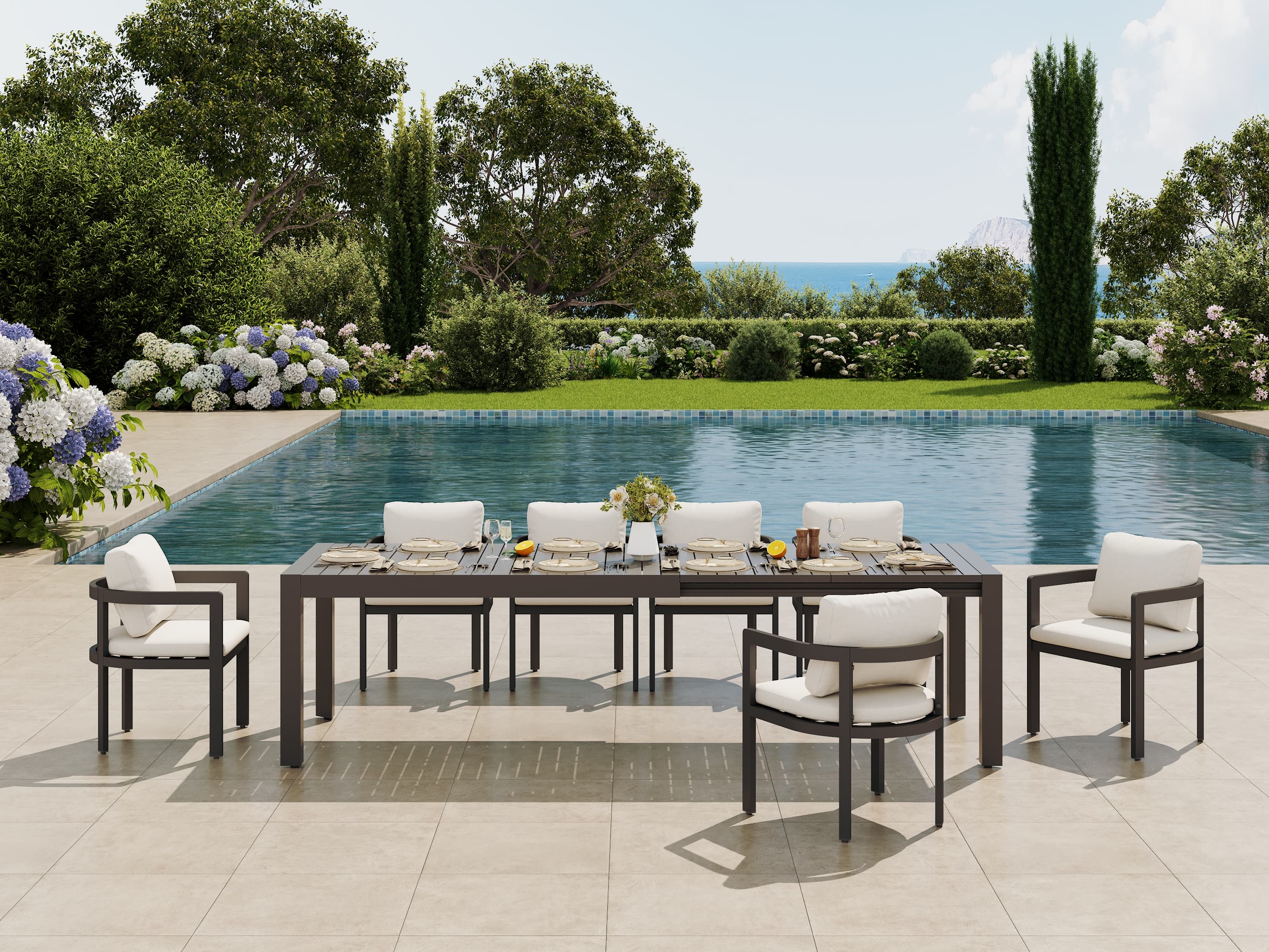 Sova Outdoor Aluminum Dining Set for 6-10 People, Charcoal Frame, Extendable Table