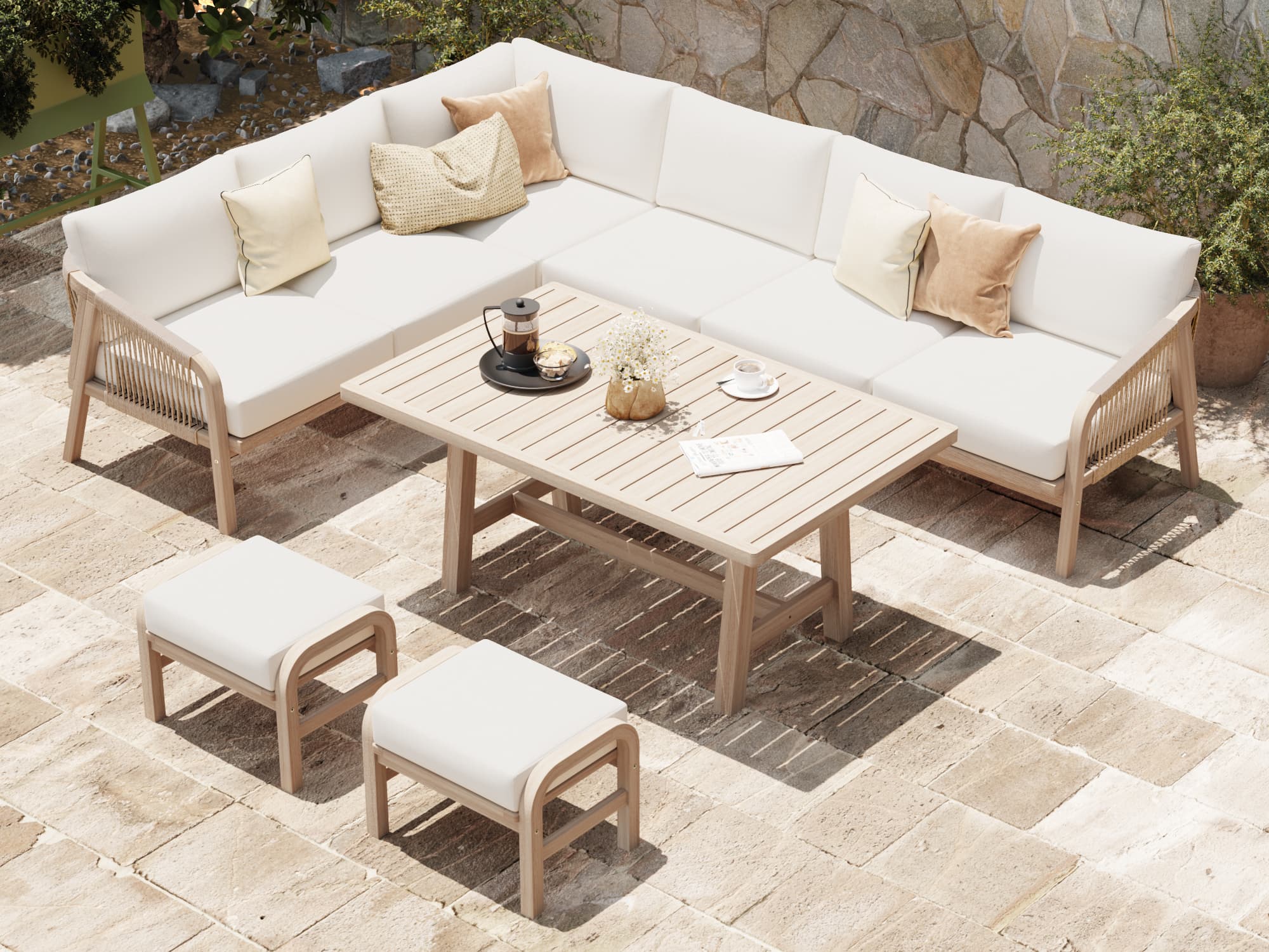 Thalea Textured Wooden Outdoor Ottomans and Footstools