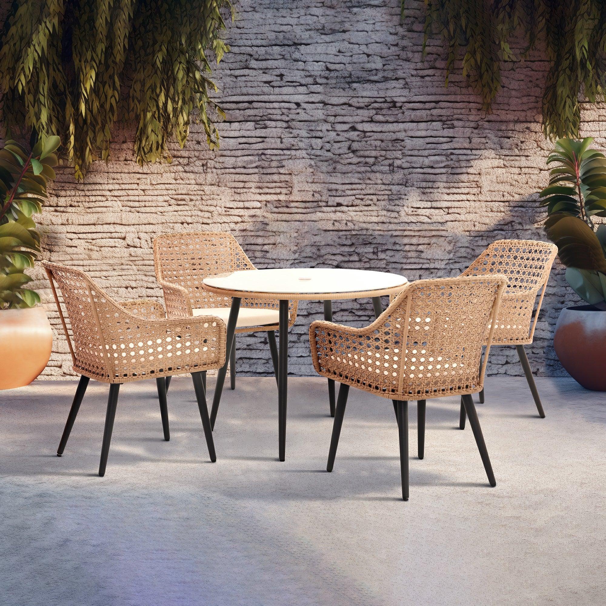 Menorca 5-Piece Wicker Dining Set with aluminum frame, white cushions, Round Dining Table with Tempered Glass and umbrella hole, on the deck, beside the wall- Jardina Furniture