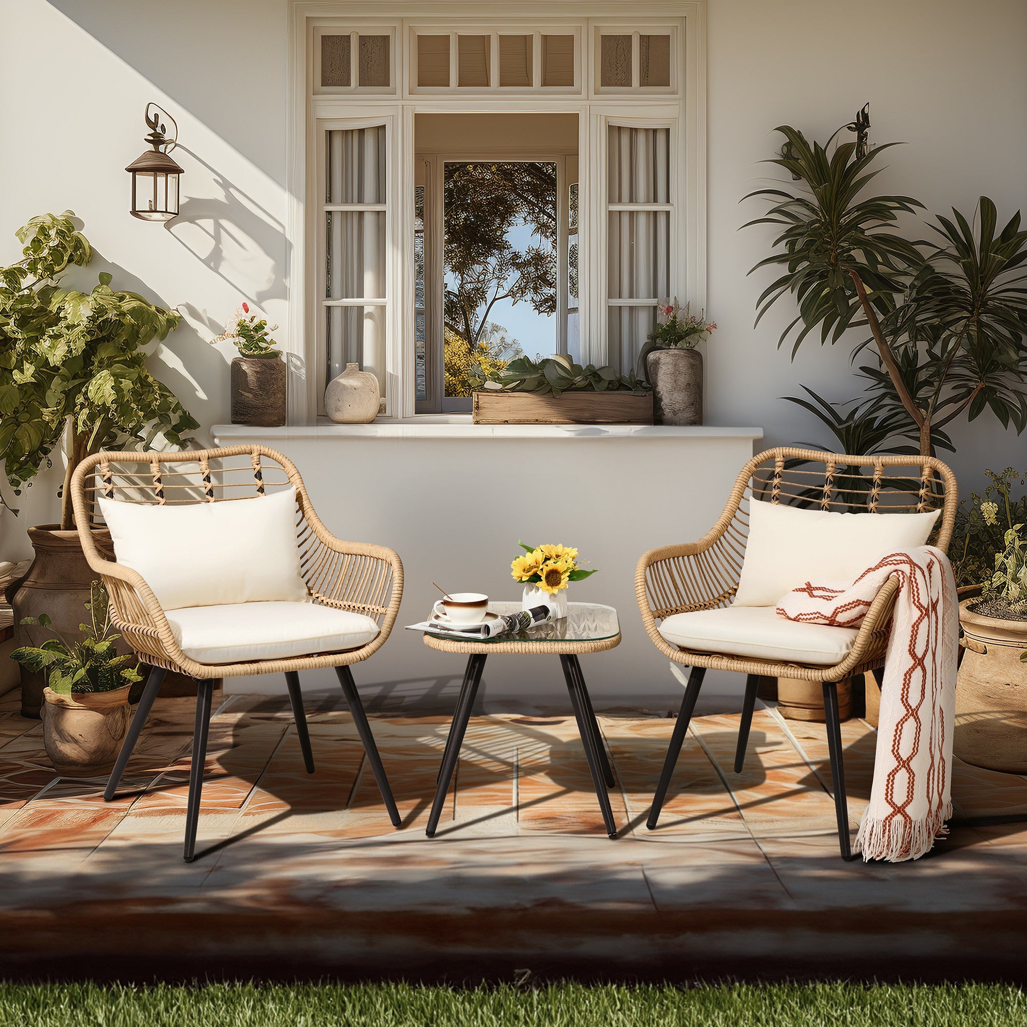 Oia Modern Wicker Outdoor Furniture with steel frame,  3 Piece Natural Patio Bistro Set with Square Side Table, white cushions, front view, in the patio- Jardina Furniture#color_White