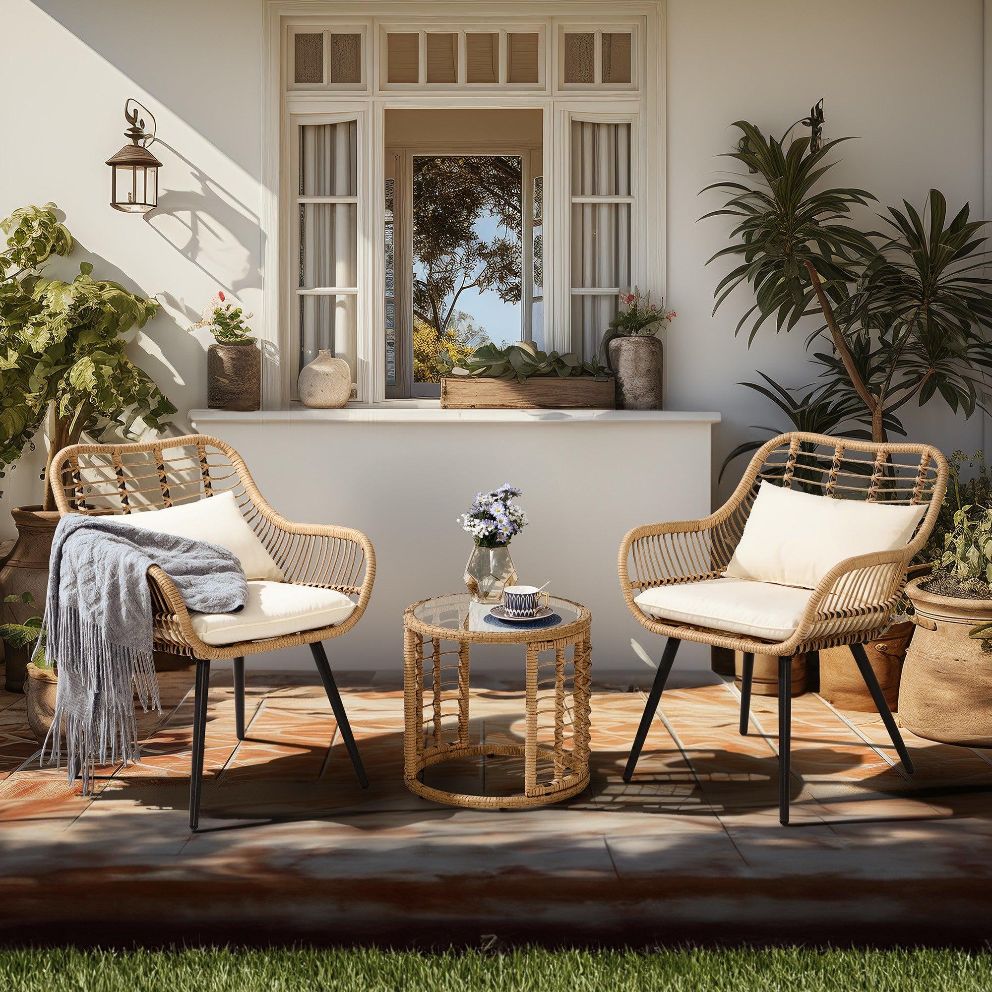 Oia Modern Wicker Outdoor Furniture, 3 Piece Natural Patio Bistro Set with Round Side Table, white cushions, in the patio- Jardina FurnitureOia Modern Wicker Outdoor Furniture with steel frame, 3Pcs Natural Patio Bistro Set with Round Side Table, white cushions, side view- Jardina Furniture#color_White
