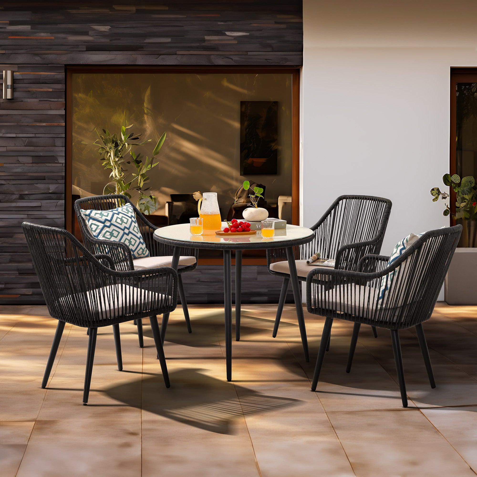 Hallerbos Modern Wicker Outdoor Furniture, black rattan outdoor Dining Set for 4 with steel frame, 1 Round Dining Table with umbrella hole, 4 dining chairs with beige cushions- Jardina Furniture#Color_Black