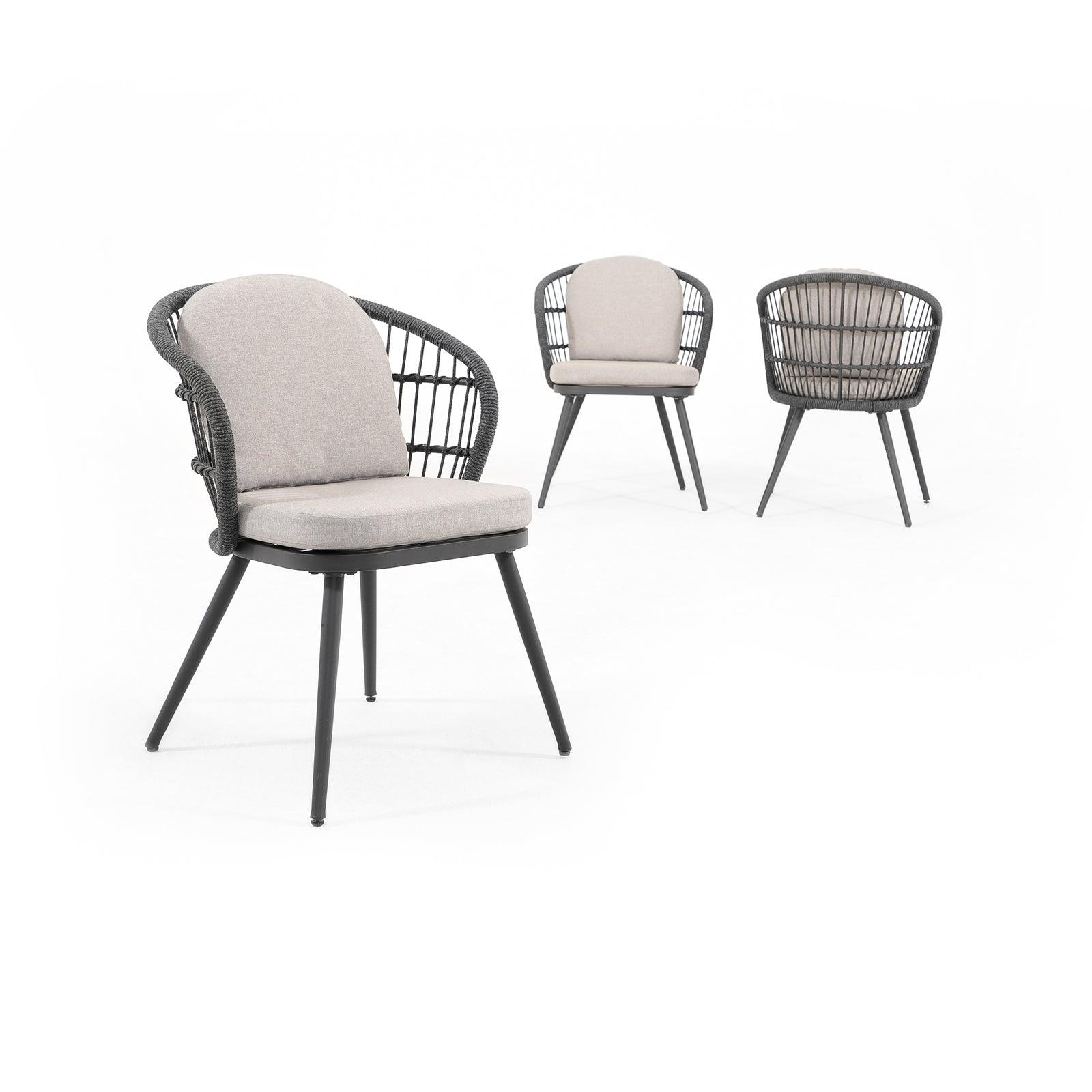 Comino dark grey aluminum frame dining chair with backrest rope design and light grey cushions- Jardina Furniture