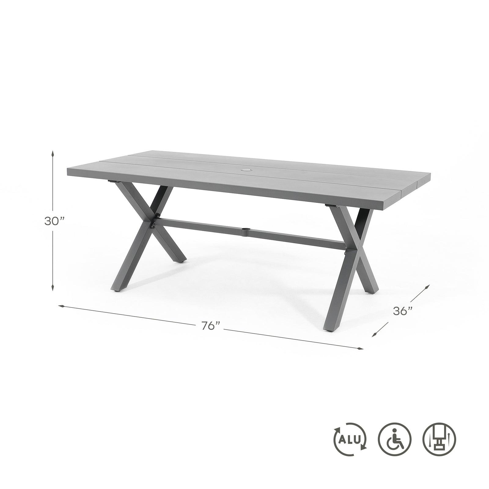 Salina Modern Aluminum Outdoor Dining Table for 8 with Umbrella Hole, Grey Aluminum Frame, Rectangular Shape, X-Shaped Leg Design - Jardina Dimension#color_Dark Grey